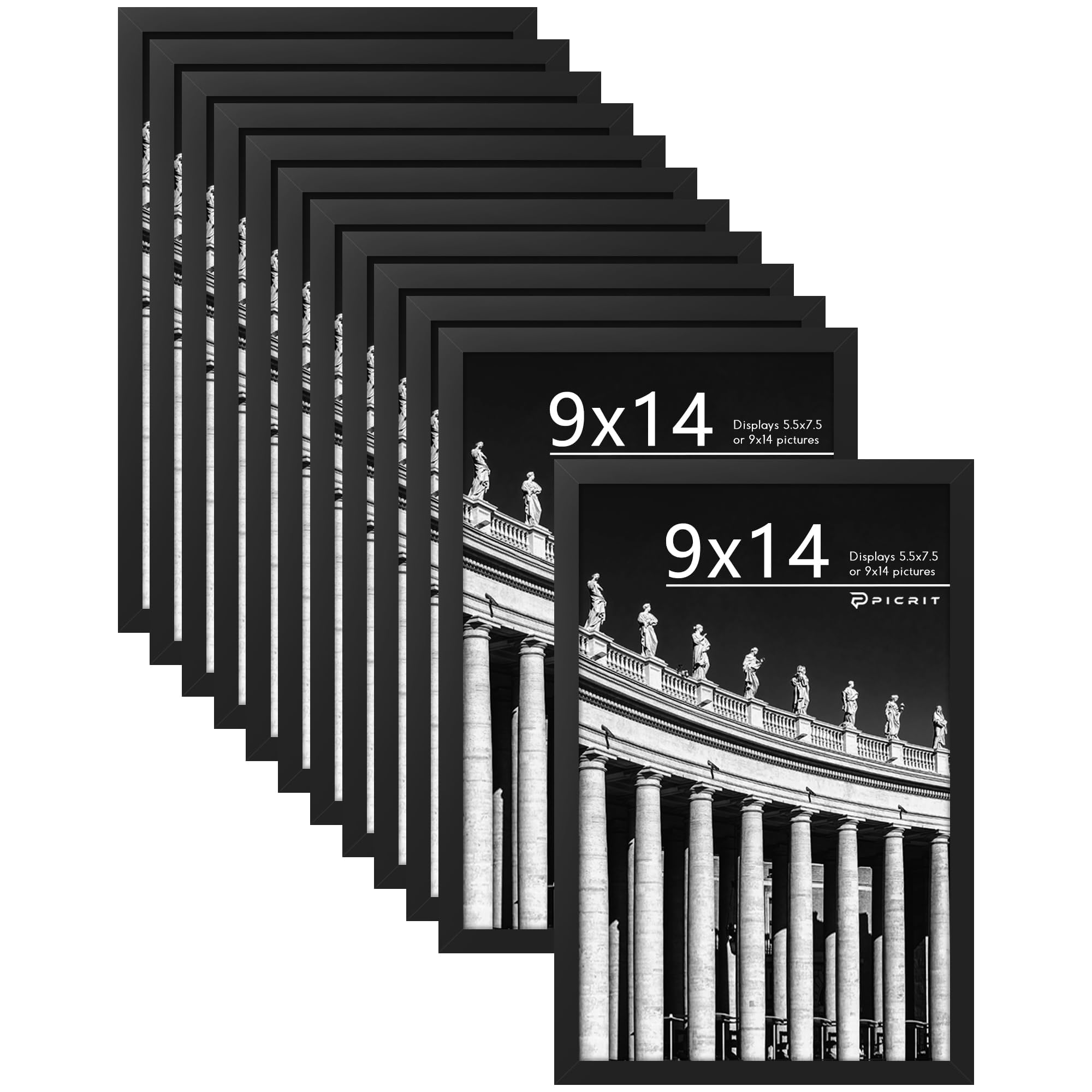 Picrit 8x10 Picture Frame Set of 12, Display 5x7 with Mat or 8x10 without Mat, Photo Frames for Wall Mounting or Table Top Display, Black