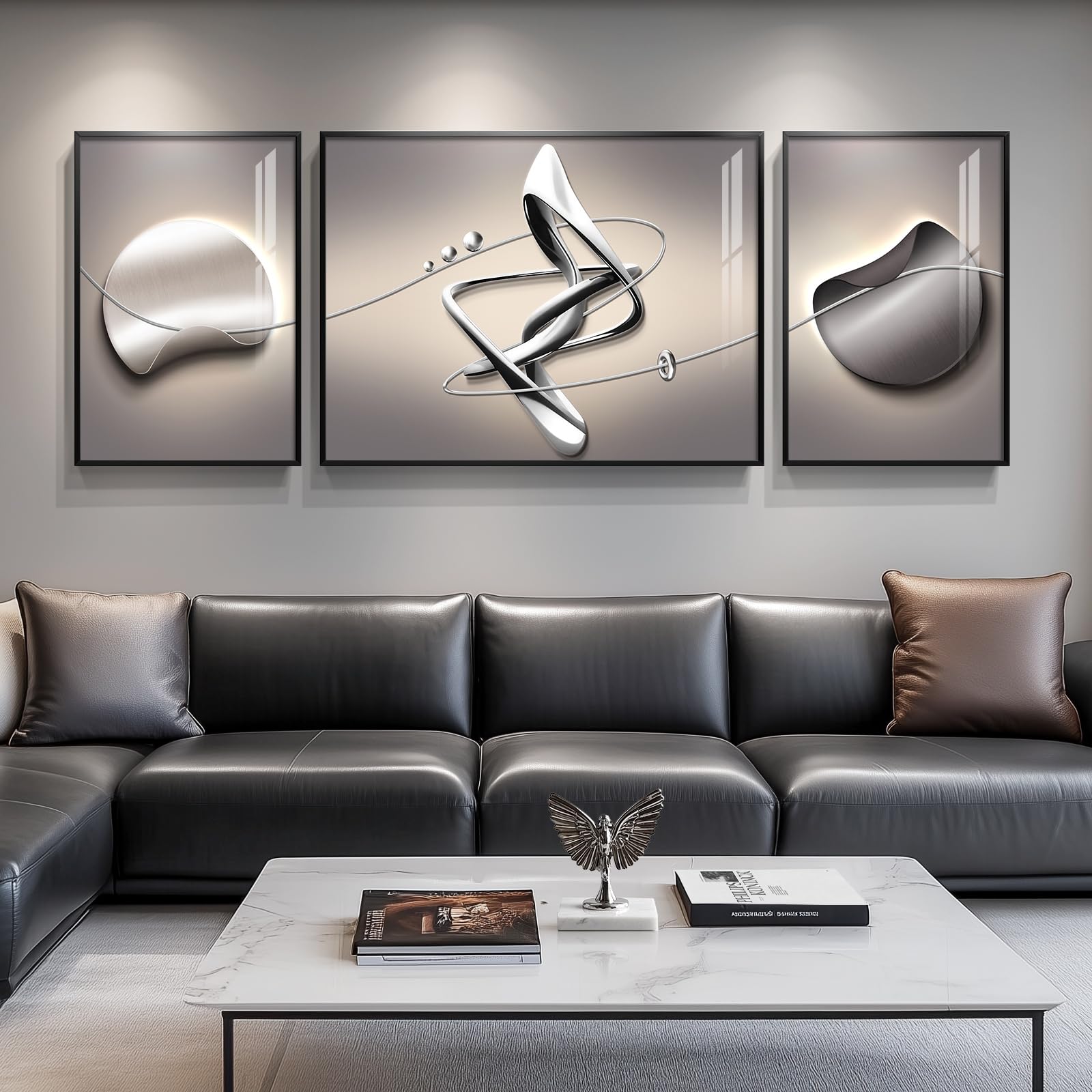 Large Framed Modern Abstract Wall Art for Living Room, Minimalist Bright Style Prints Wall Paintings Artwork for Walls, Silver Gray Contemporary Luxury Pictures for Hallway, Office Wall Decor 24x36 In