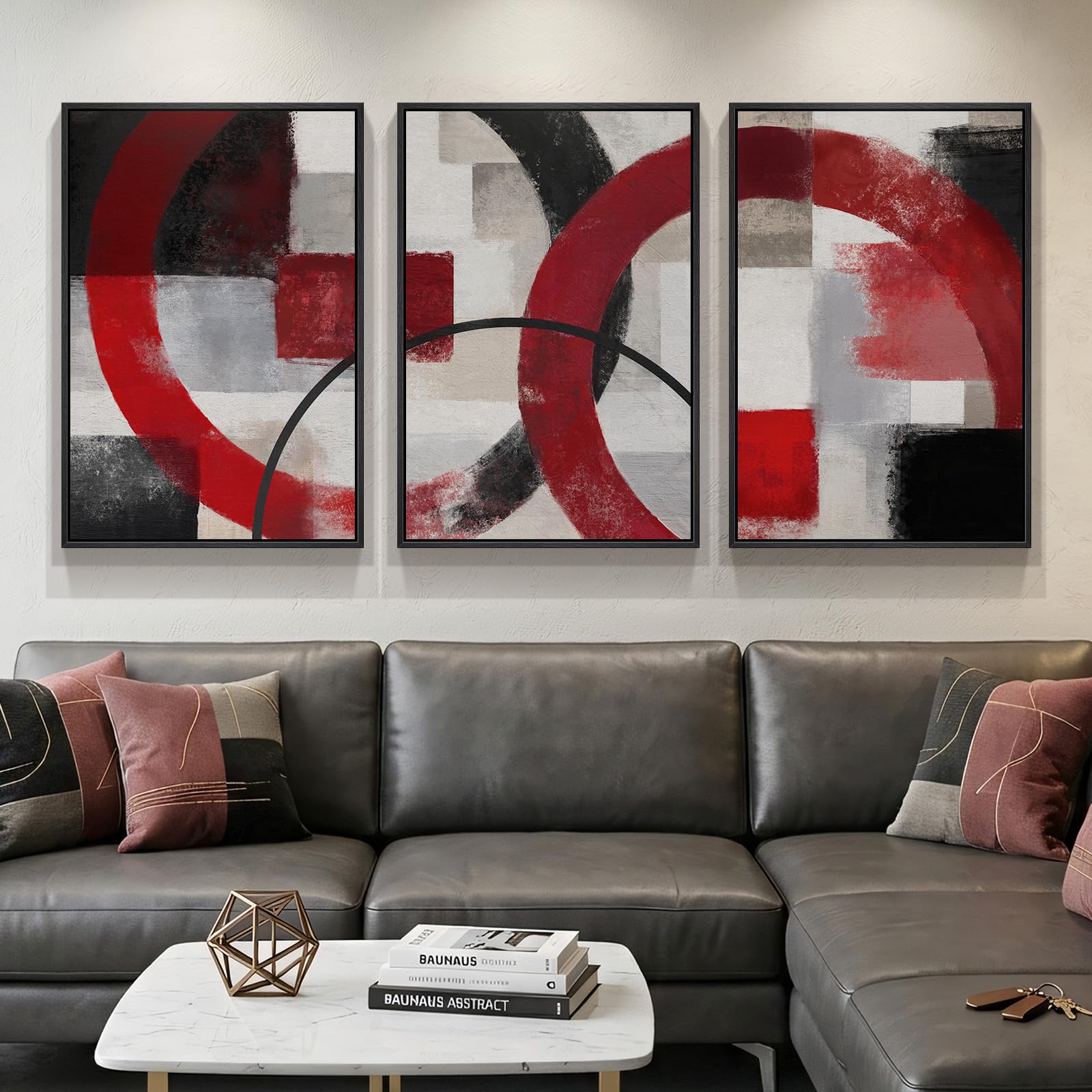 Large Framed Boho Modern Neutral Abstract Wall Art for Living Room, 3 Piece Black and White Canvas Prints Paintings Artwork for Walls, Geometric Pictures for Office Bedroom Dining Room Decor, 24x36 In