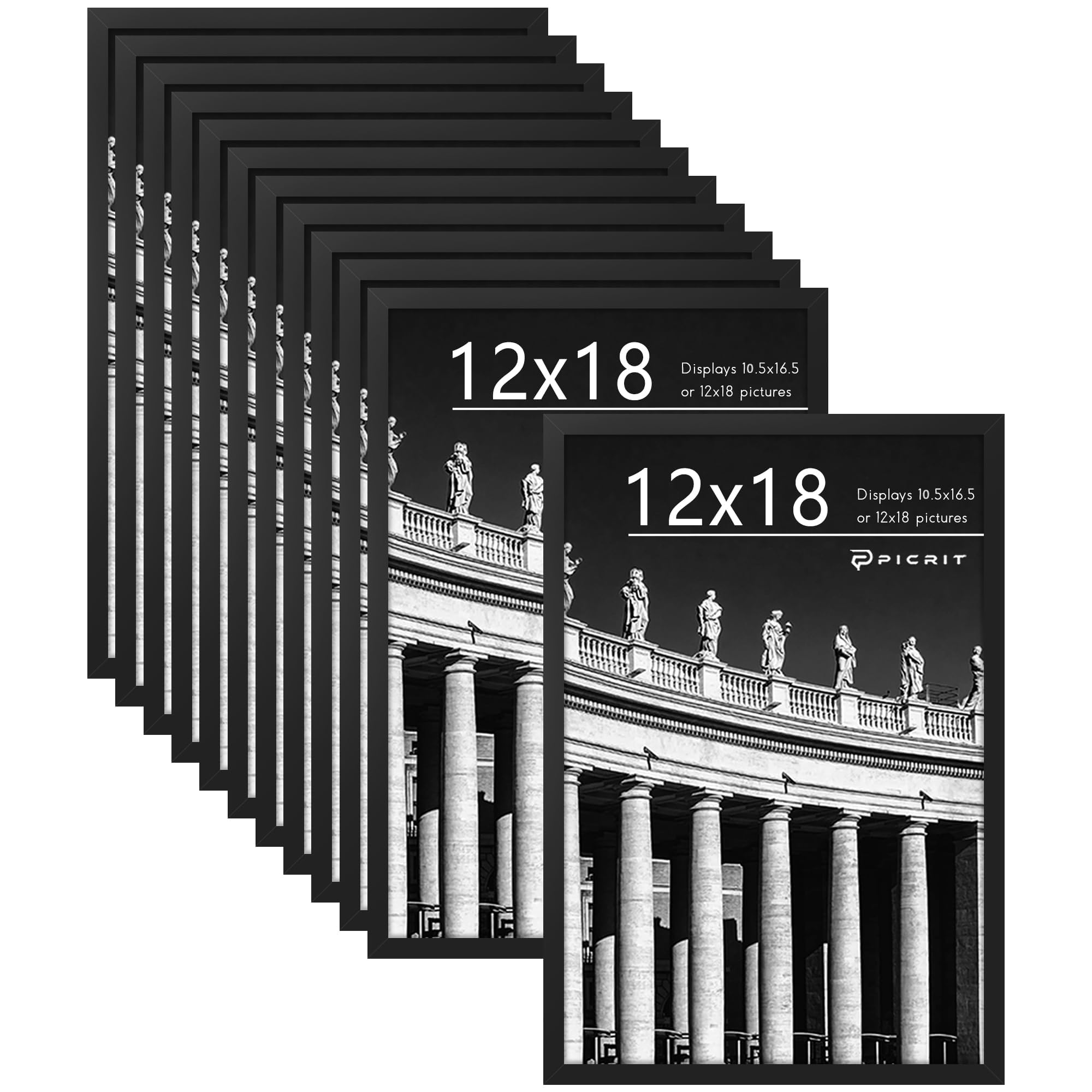 Picrit 8x10 Picture Frame Set of 12, Display 5x7 with Mat or 8x10 without Mat, Photo Frames for Wall Mounting or Table Top Display, Black
