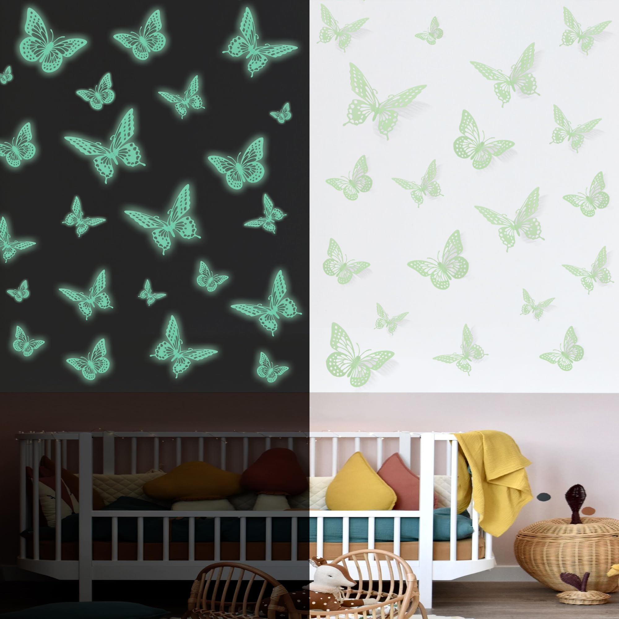 SAOROPEB 3D Butterfly Wall Decor, 48 Pcs 4 Styles 2 Color 3 Sizes, Removable Metallic Wall Sticker Room Mural Decals for Kids Bedroom Nursery Classroom Party Decoration (2 Color)