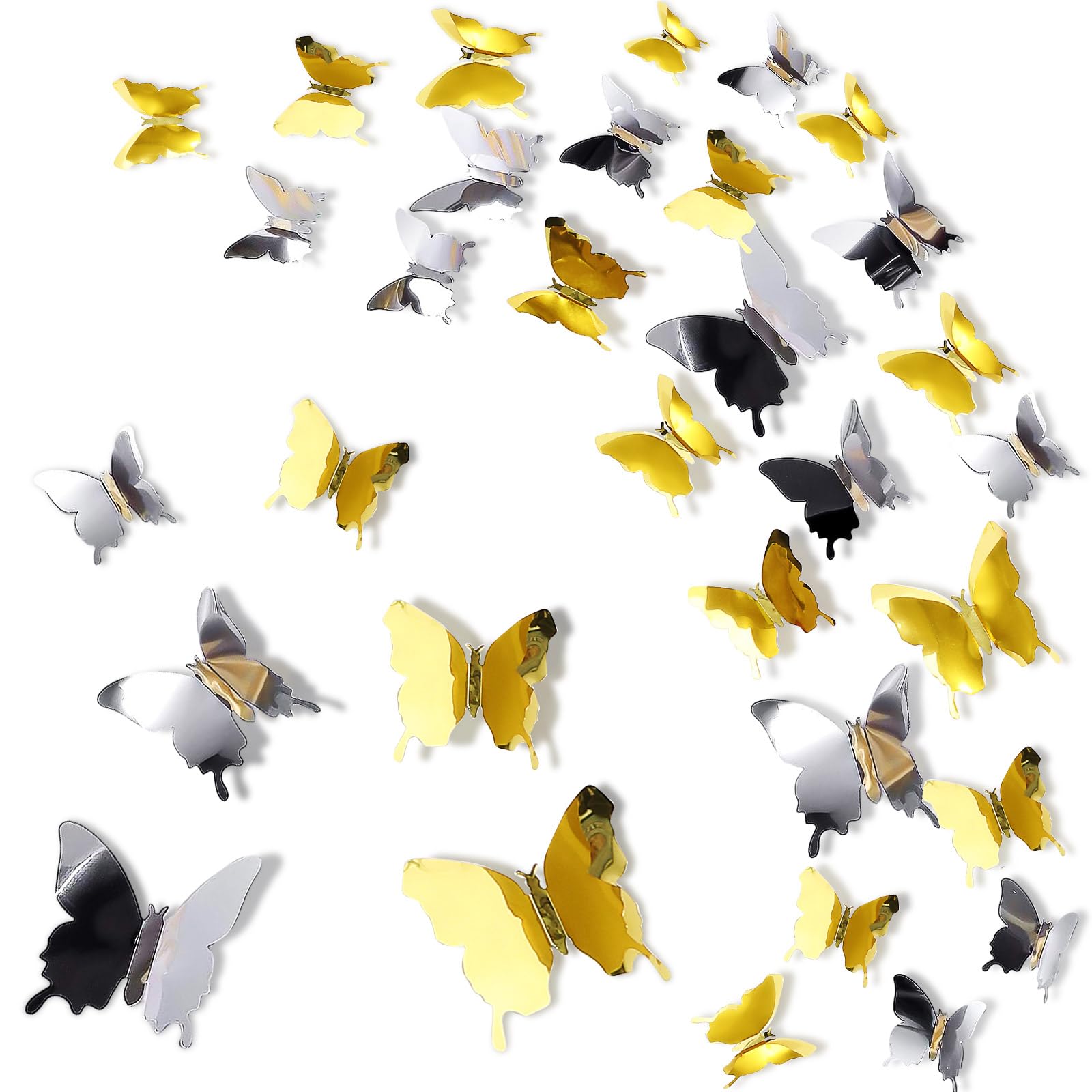 BBTO 48 Pieces Butterfly Wall Decor DIY 3D Mirror Butterfly Stickers Removable Decals Crafts for Birthday Party Bedroom School Bathroom Living Room Decor（Sliver）