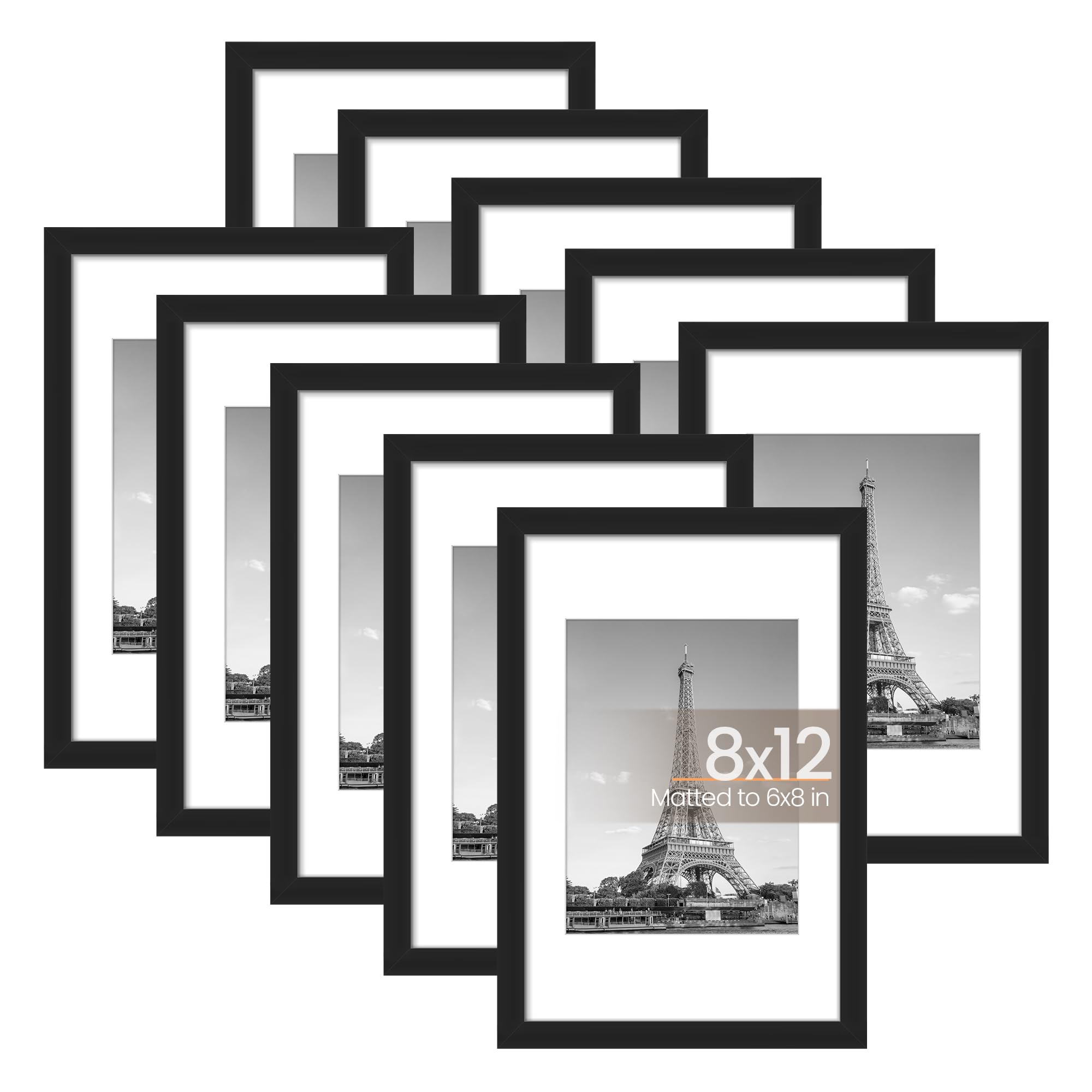 upsimples 5x7 Picture Frame Set of 10, Display Pictures 4x6 with Mat or 5x7 Without, Multi Photo Frames Collage for Wall or Tabletop Display, Black