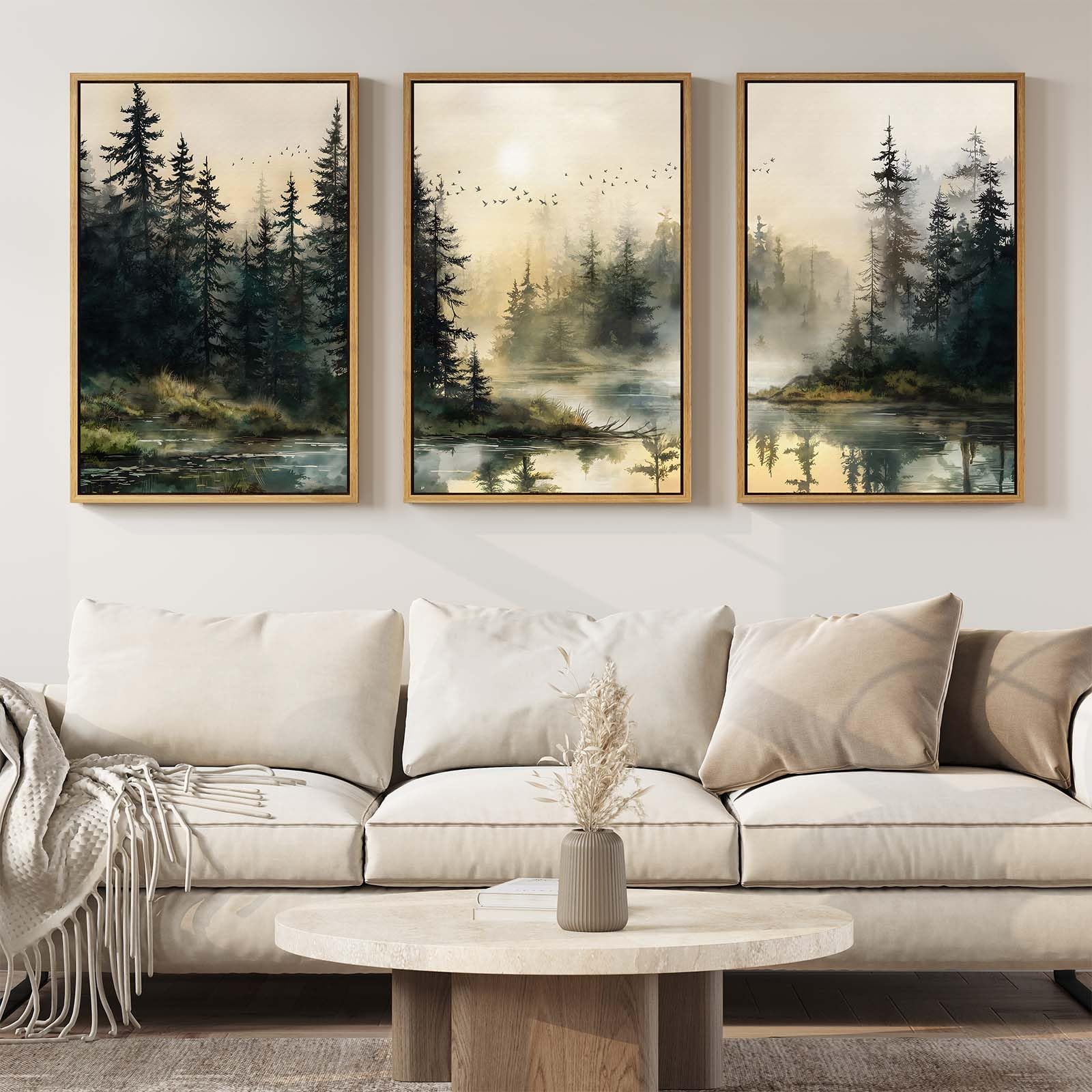 Framed Neutral Wall Art for Living Room, Large 3 Piece Abstract Pastel Grunge Forest Landscape Tree Canvas Artwork Set, Modern Art Decorative Nordic Painting Picture Prints for Hallway Office 24x36 In