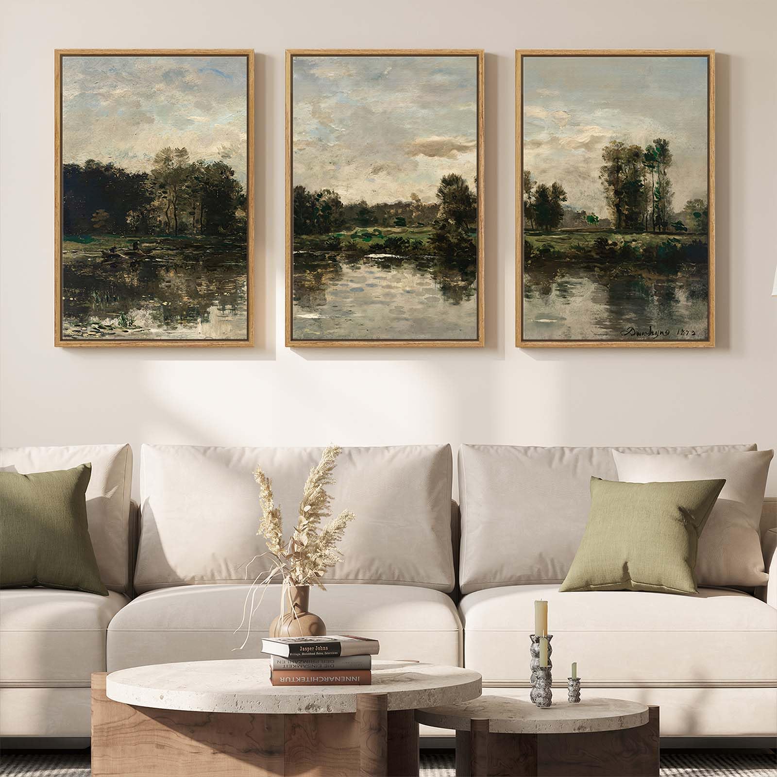 Framed Neutral Wall Art for Living Room, Large 3 Piece Abstract Pastel Grunge Forest Landscape Tree Canvas Artwork Set, Modern Art Decorative Nordic Painting Picture Prints for Hallway Office 24x36 In
