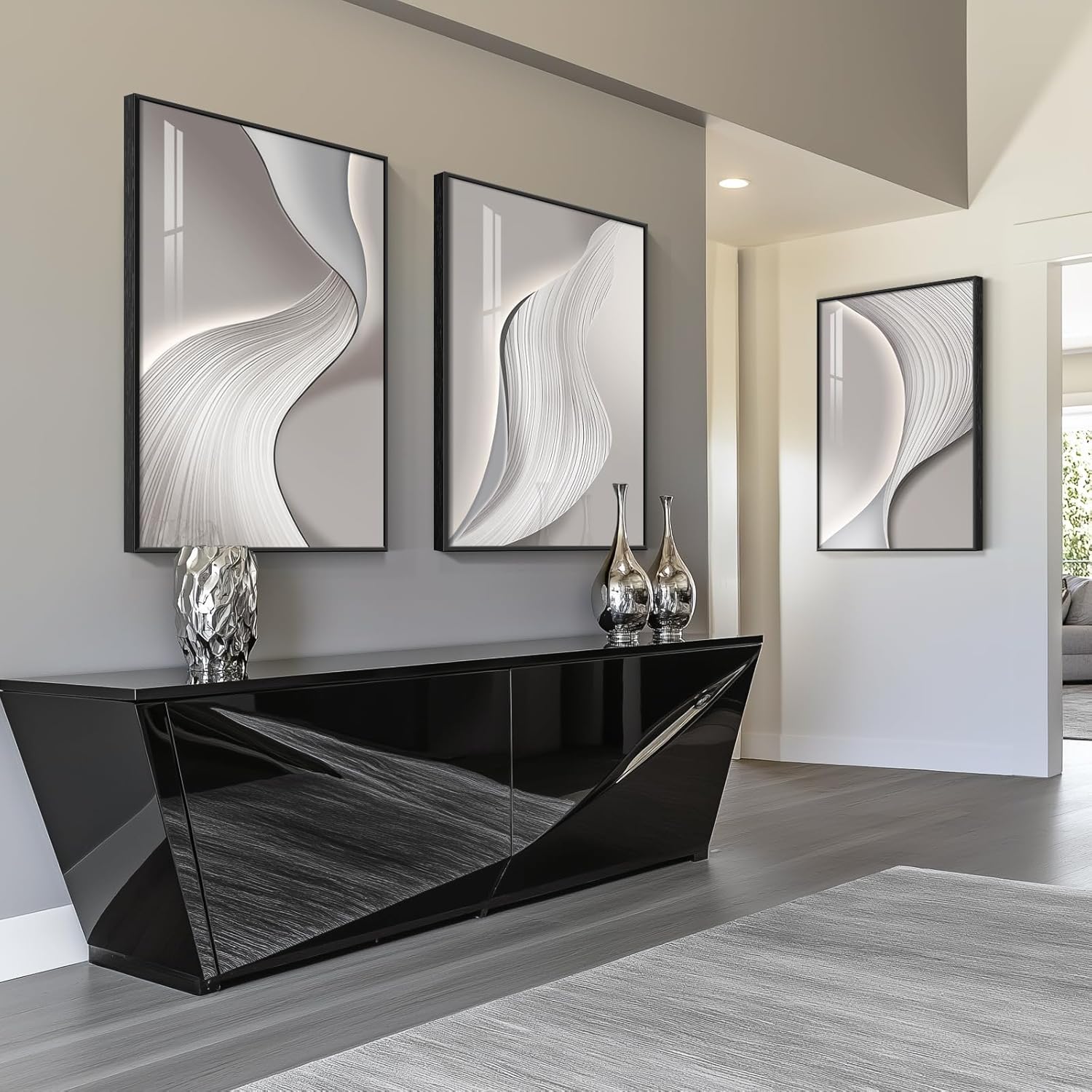 Large Framed Modern Abstract Wall Art for Living Room, Minimalist Bright Style Prints Wall Paintings Artwork for Walls, Silver Gray Contemporary Luxury Pictures for Hallway, Office Wall Decor 24x36 In