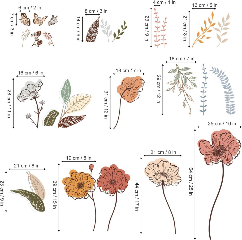 wondever Boho Flower Wall Stickers Wildflower Floral Grass Peel and Stick Wall Art Decals for Living Room Bedroom TV Wall