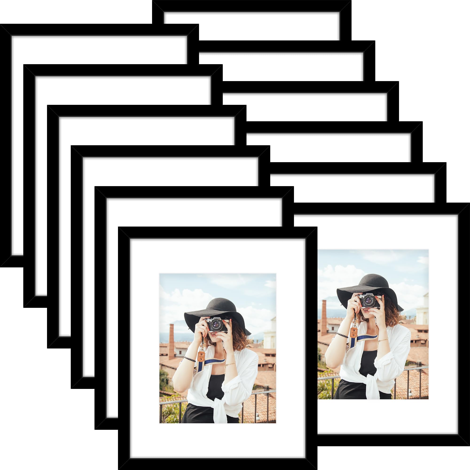 Picrit 8x10 Picture Frame Set of 12, Display 5x7 with Mat or 8x10 without Mat, Photo Frames for Wall Mounting or Table Top Display, Black