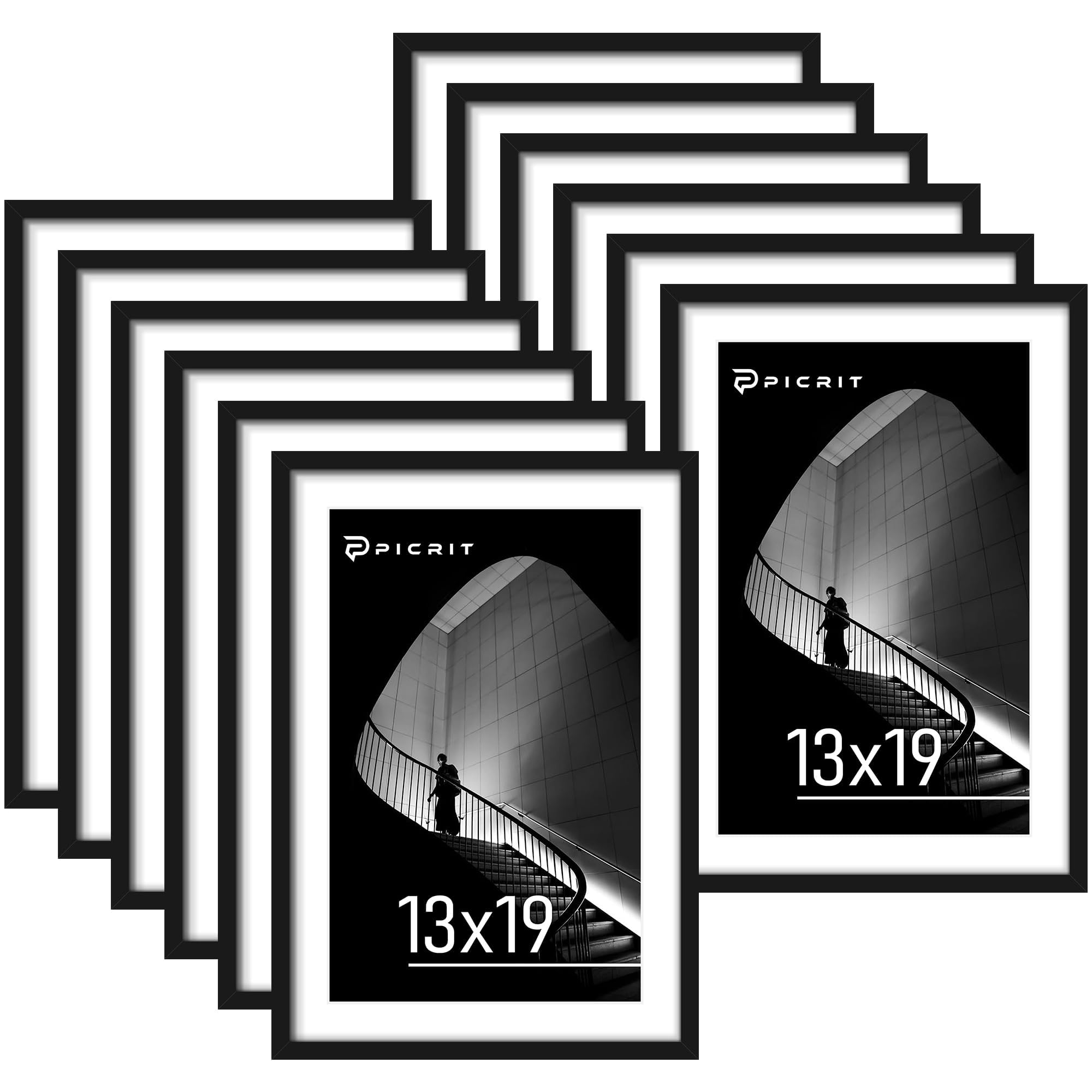 Picrit 8x10 Picture Frame Set of 12, Display 5x7 with Mat or 8x10 without Mat, Photo Frames for Wall Mounting or Table Top Display, Black