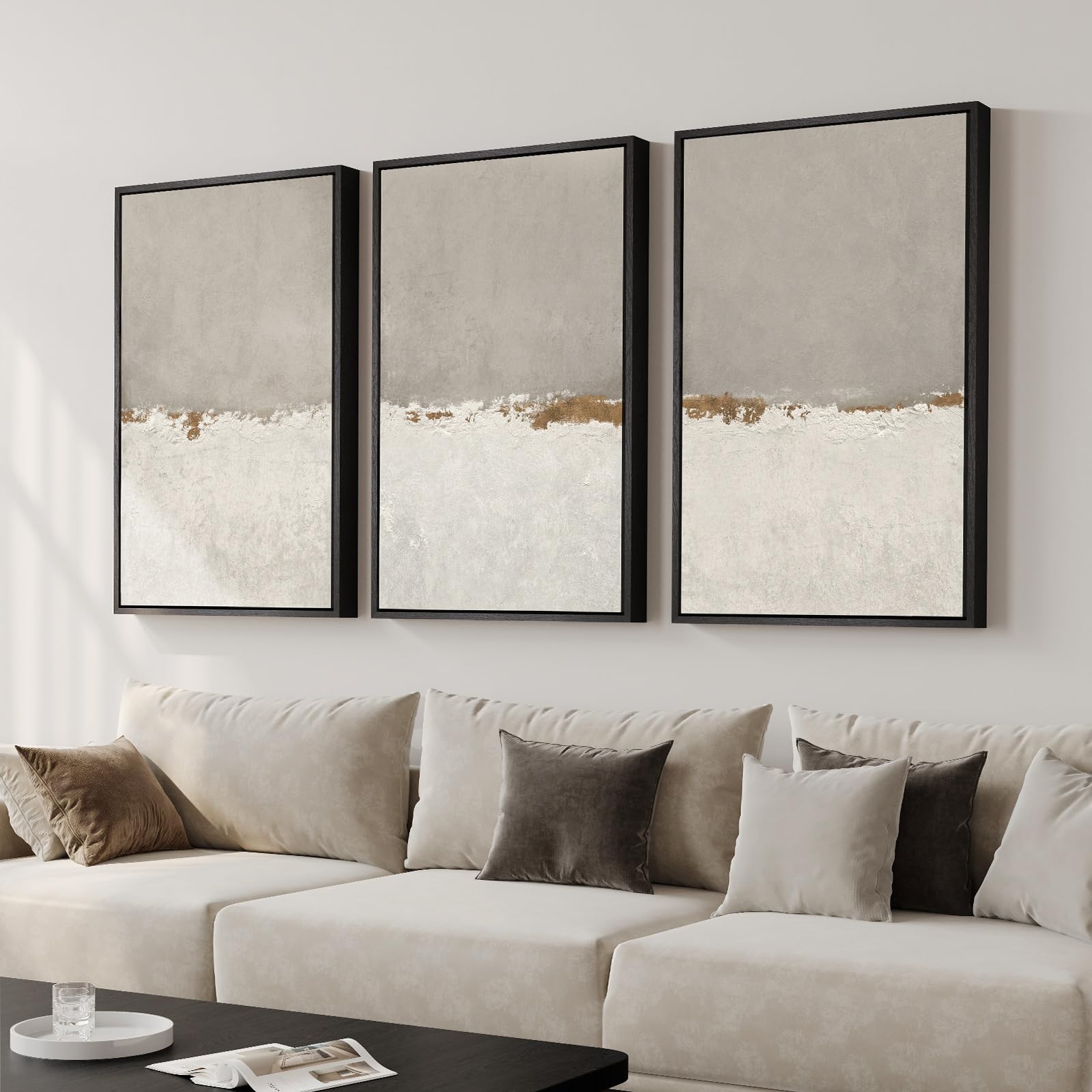 Large Framed Neutral Abstract Wall Art for Living Room, 3 Piece Modern Canvas Prints Paintings Artwork for Walls, Black and Beige Pictures for Living Room Hallway Stair Office Wall Decor 24x36 Inch