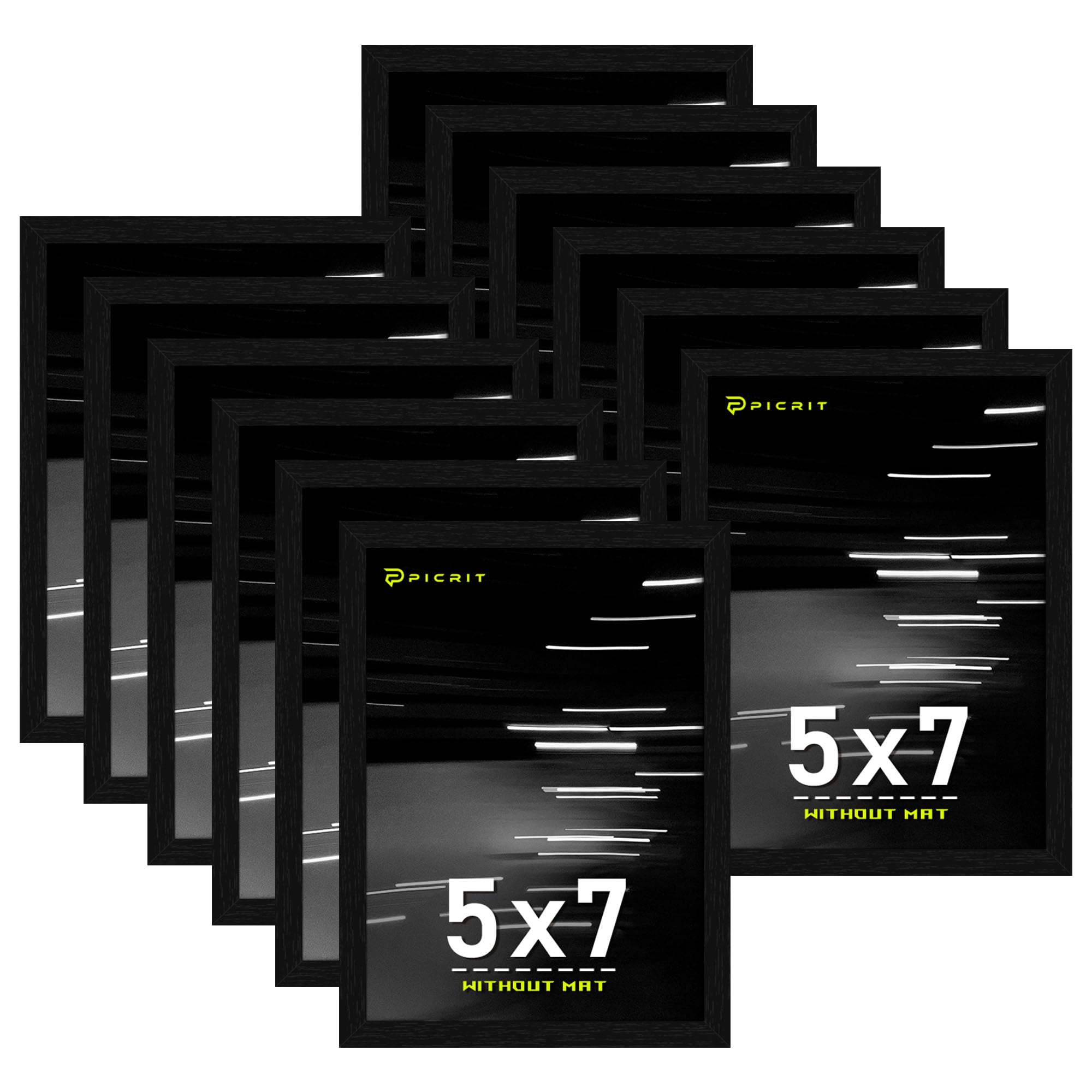 Picrit 8x10 Picture Frame Set of 12, Display 5x7 with Mat or 8x10 without Mat, Photo Frames for Wall Mounting or Table Top Display, Black