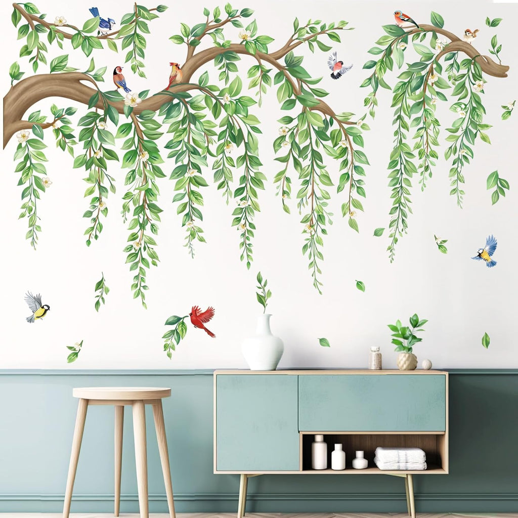 wondever Large Tree Branch Hanging Vine Wall Stickers Green Leaf Flower Birds Peel and Stick Wall Art Decals for Living Room Bedroom TV Wall