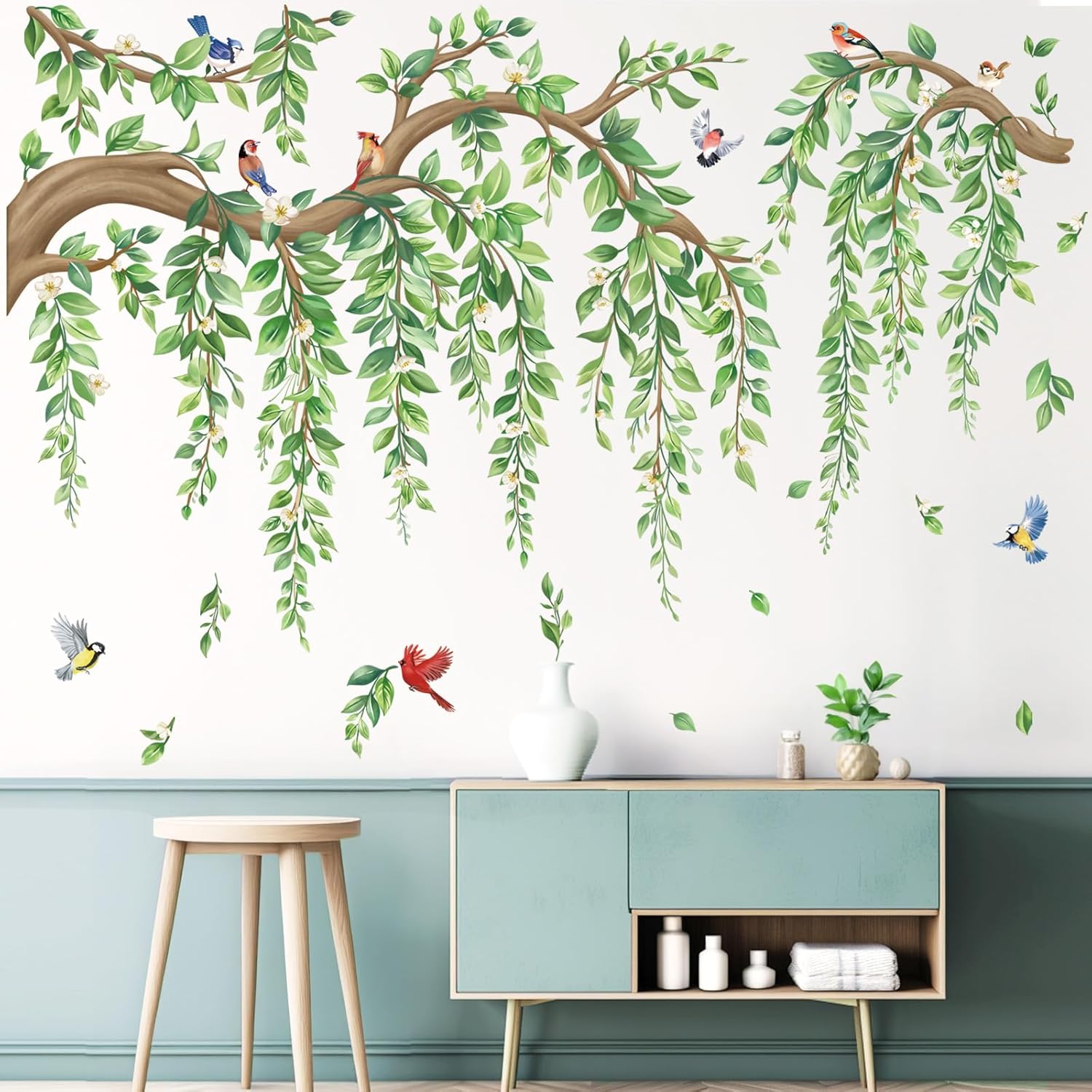 wondever Large Tree Branch Hanging Vine Wall Stickers Green Leaf Flower Birds Peel and Stick Wall Art Decals for Living Room Bedroom TV Wall
