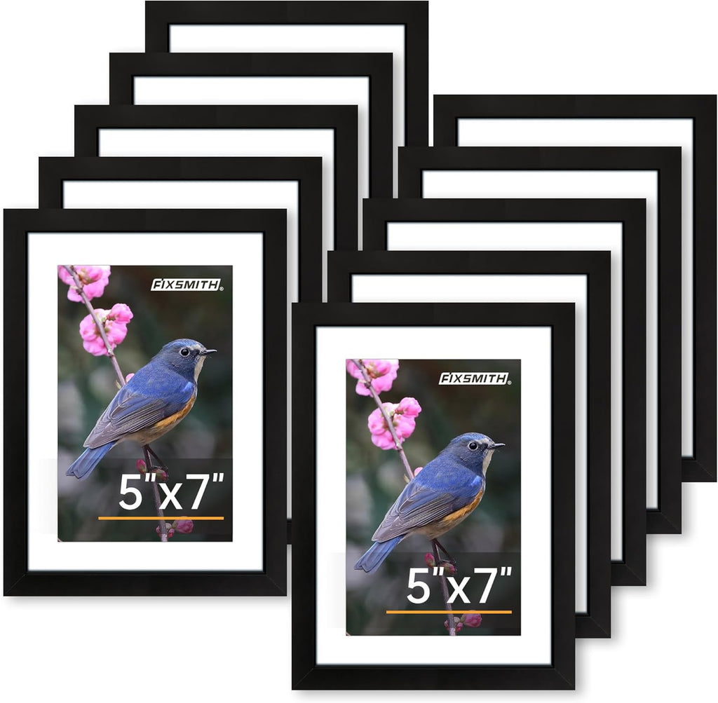 FIXSMITH 5x7 Picture Frame Set of 10, Photo Frame Bulk with HD Plexiglass, Display Pictures 4x6 with Mat or 5x7 Without Mat Multi Picture Frames Collage for Tabletop or Wall Display, Black