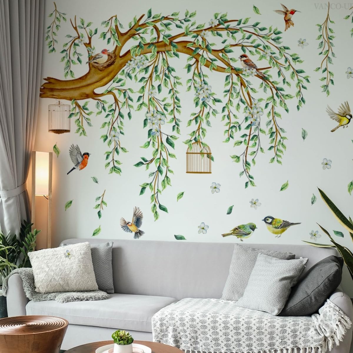 Lilac Wall Decoration Large Green Tree Wall Stickers, 3 Sheets Hanging Vine Tree Wall Decals Peel and Stick Leaves Branch Wall Murals Decor for Living Room Bedroom (Green, 11.8 * 35.4inch)