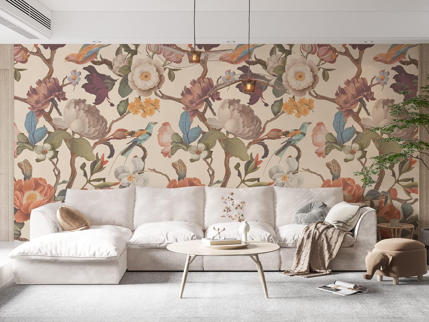 Zeeko Floral Peel and Stick Wall Mural Beige Flower Wallpaper for Bedroom TV Background Vintage Wallpaper Large Floral Wall Murals Art Deco 148" W x 98" H