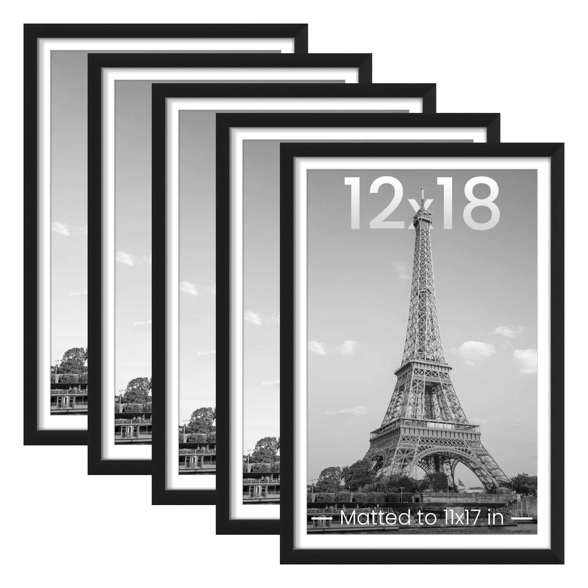 upsimples 8.5x11 Picture Frame Set of 5, Display Pictures 6x8 with Mat or 8.5 by 11 Without, Wall Gallery Photo Frames, Black