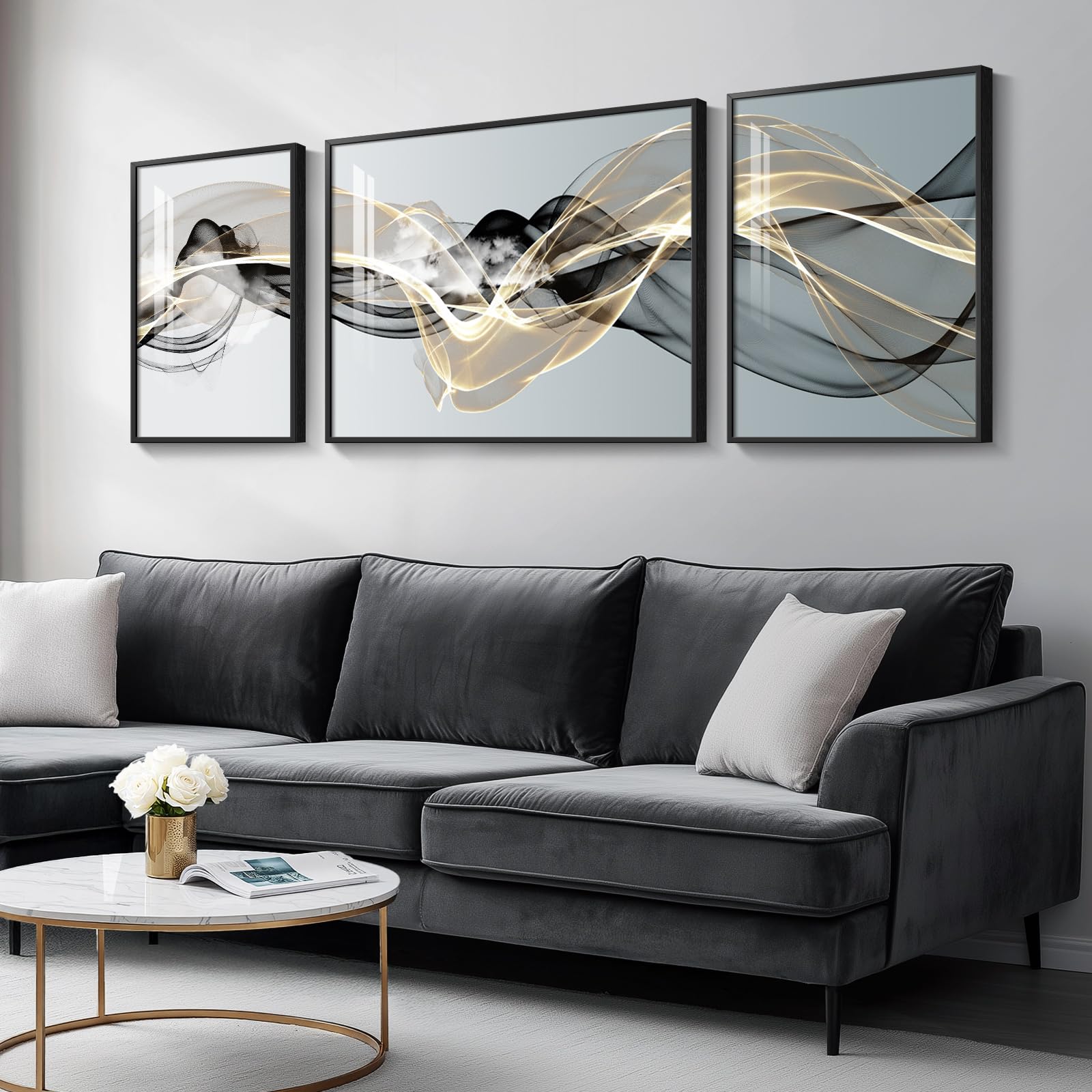 Large Framed Modern Abstract Wall Art for Living Room, Minimalist Bright Style Prints Wall Paintings Artwork for Walls, Silver Gray Contemporary Luxury Pictures for Hallway, Office Wall Decor 24x36 In