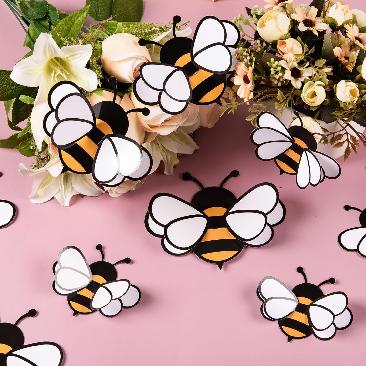 FOBSME 60 Pcs 3D Bee Stickers 3 Sizes Tiny Ornaments for Honey Bee Party Wall Decal Decorations Yellow Honey Bees Clings for Home Classroom Office Fridge Window Decor Spring Summer Party Supplies