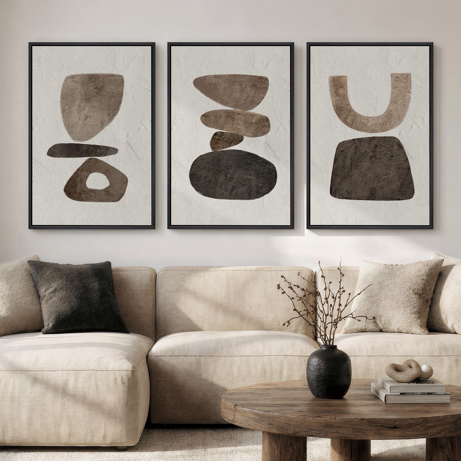 Large Framed Neutral Abstract Wall Art for Living Room, 3 Piece Modern Canvas Prints Paintings Artwork for Walls, Black Beige Brown Neutral Tone Pictures for Hallway Bedroom Office Wall Decor 24x36 In