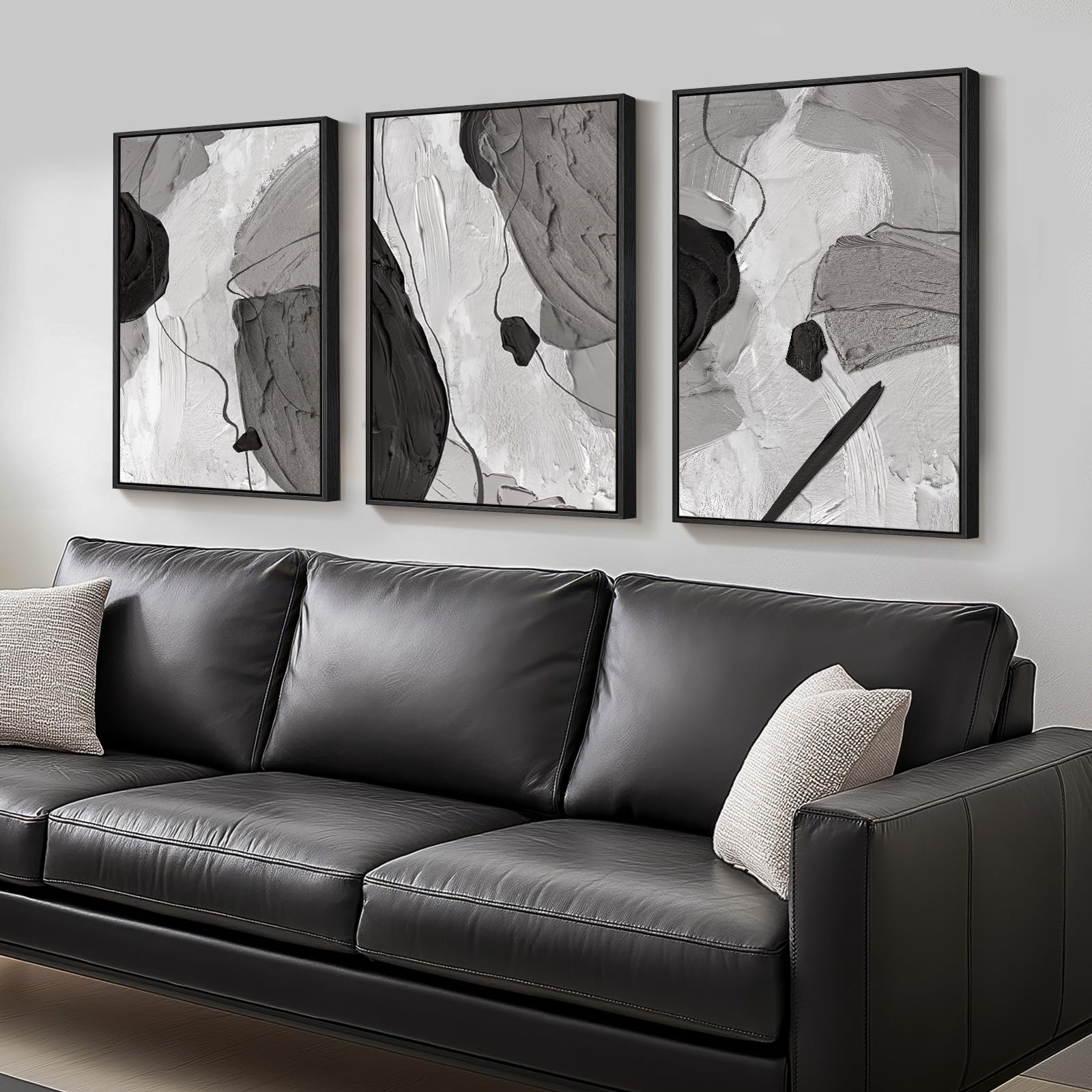 Large Framed Boho Modern Neutral Abstract Wall Art for Living Room, 3 Piece Black and White Canvas Prints Paintings Artwork for Walls, Geometric Pictures for Office Bedroom Dining Room Decor, 24x36 In