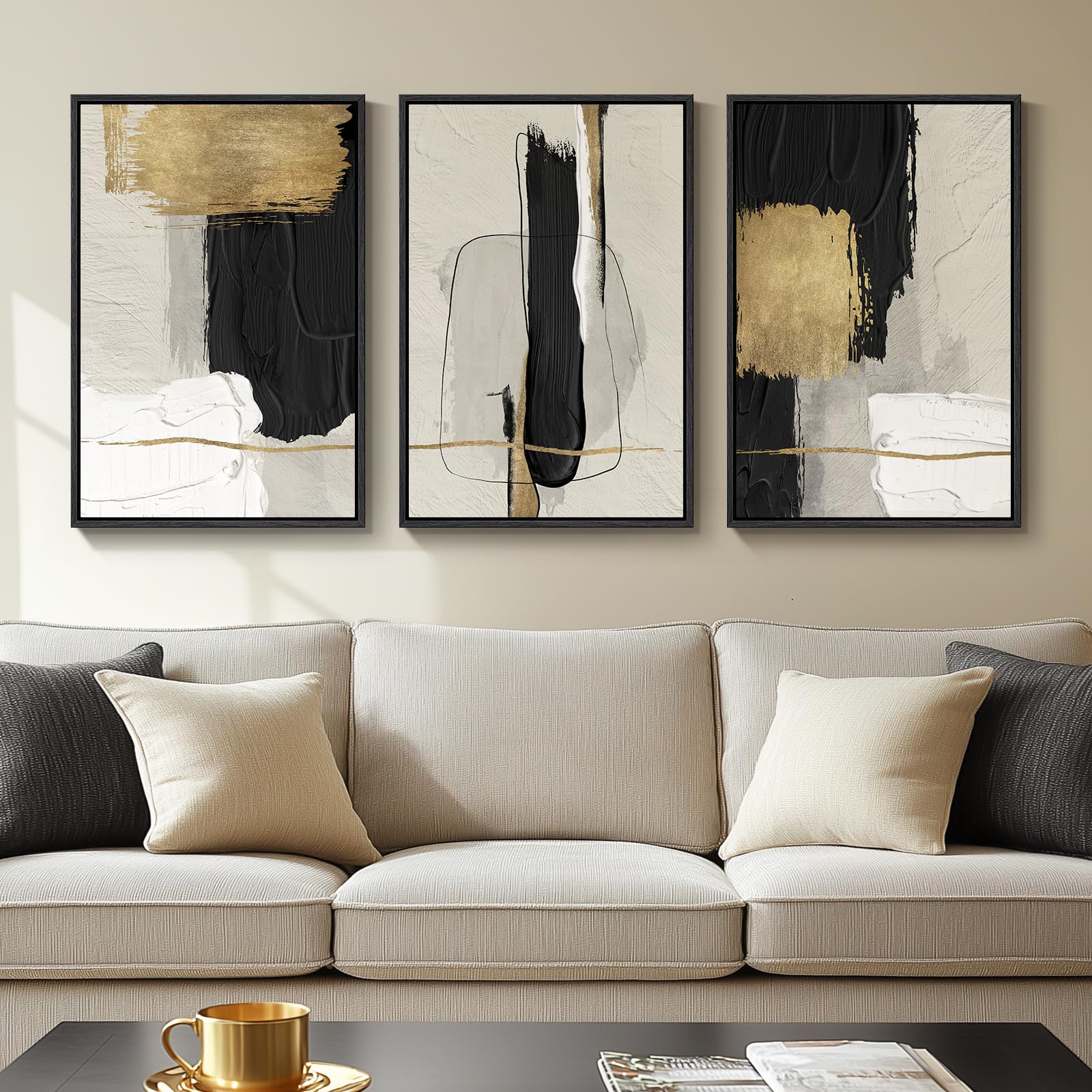 Large Framed Black and White Abstract Wall Art for Living Room, 3 Piece Big Modern Canvas Prints Paintings Artwork for Walls, Minimalist Abstract Art Pictures for Hallway, Office Wall Decor 24x36 In