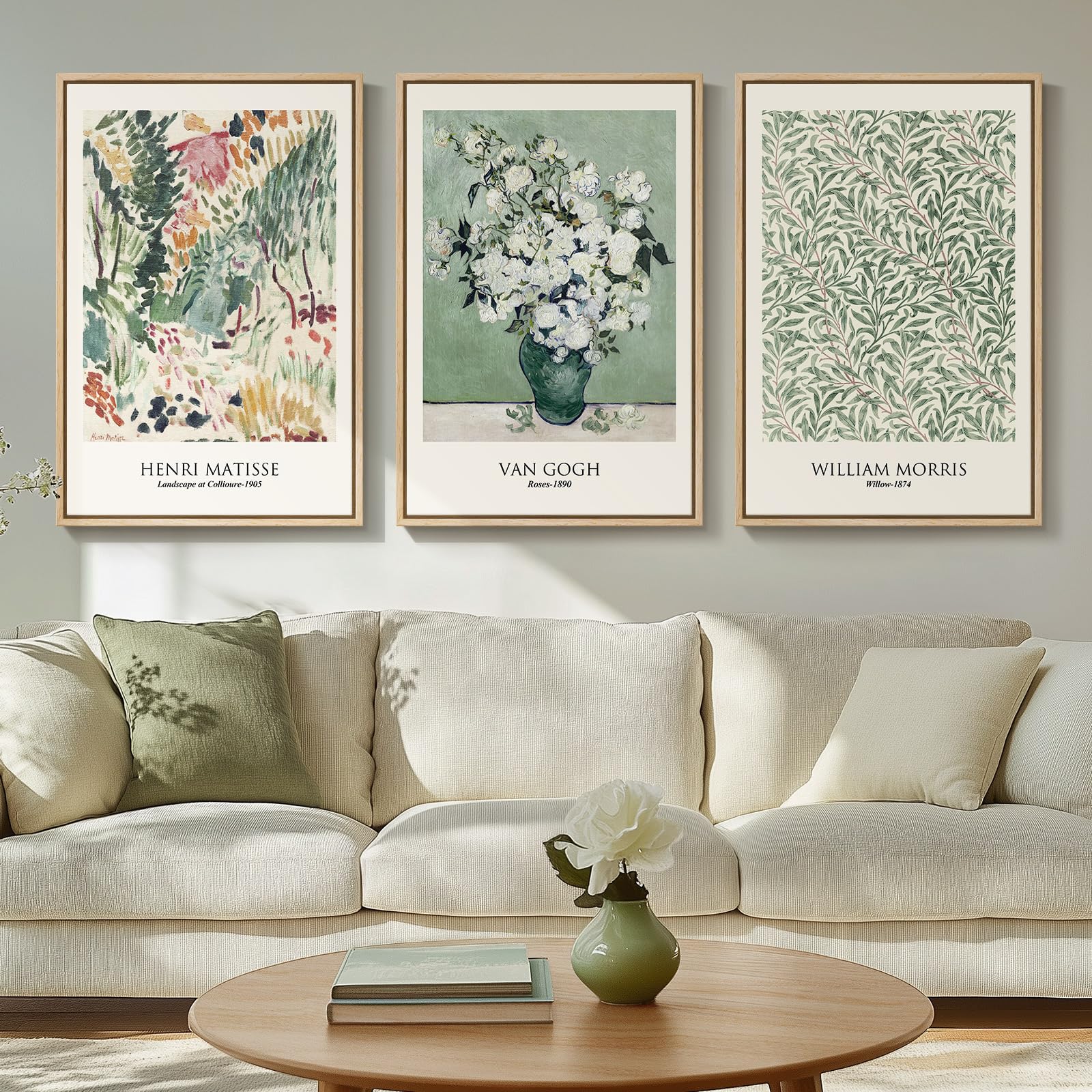 Framed Large William Morris Canvas Wall Art Set of 3, Vintage Nature Floral Artwork Prints, Boho Neutral Botanical Wall Decor for Living Room, Bedroom, Hallway and Office, Total Size 30x60