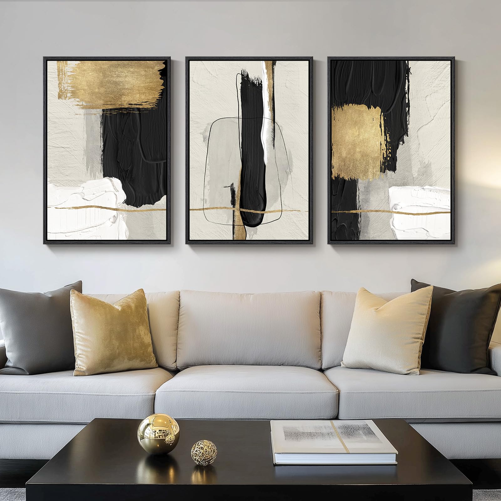 Large Framed Boho Modern Neutral Abstract Wall Art for Living Room, 3 Piece Black and White Canvas Prints Paintings Artwork for Walls, Geometric Pictures for Office Bedroom Dining Room Decor, 24x36 In