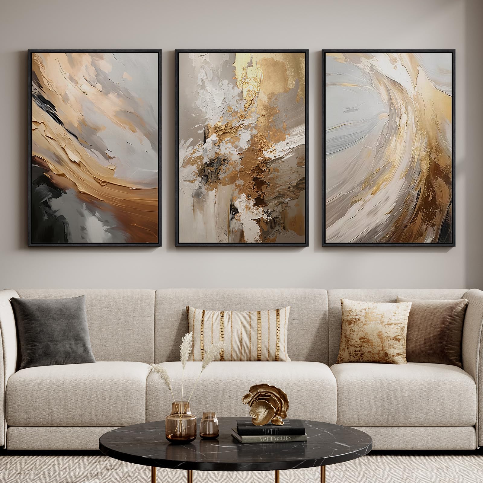 Large Framed Neutral Abstract Wall Art for Living Room, 3 Piece Modern Canvas Prints Paintings Artwork for Walls, Black and Beige Pictures for Living Room Hallway Stair Office Wall Decor 24x36 Inch