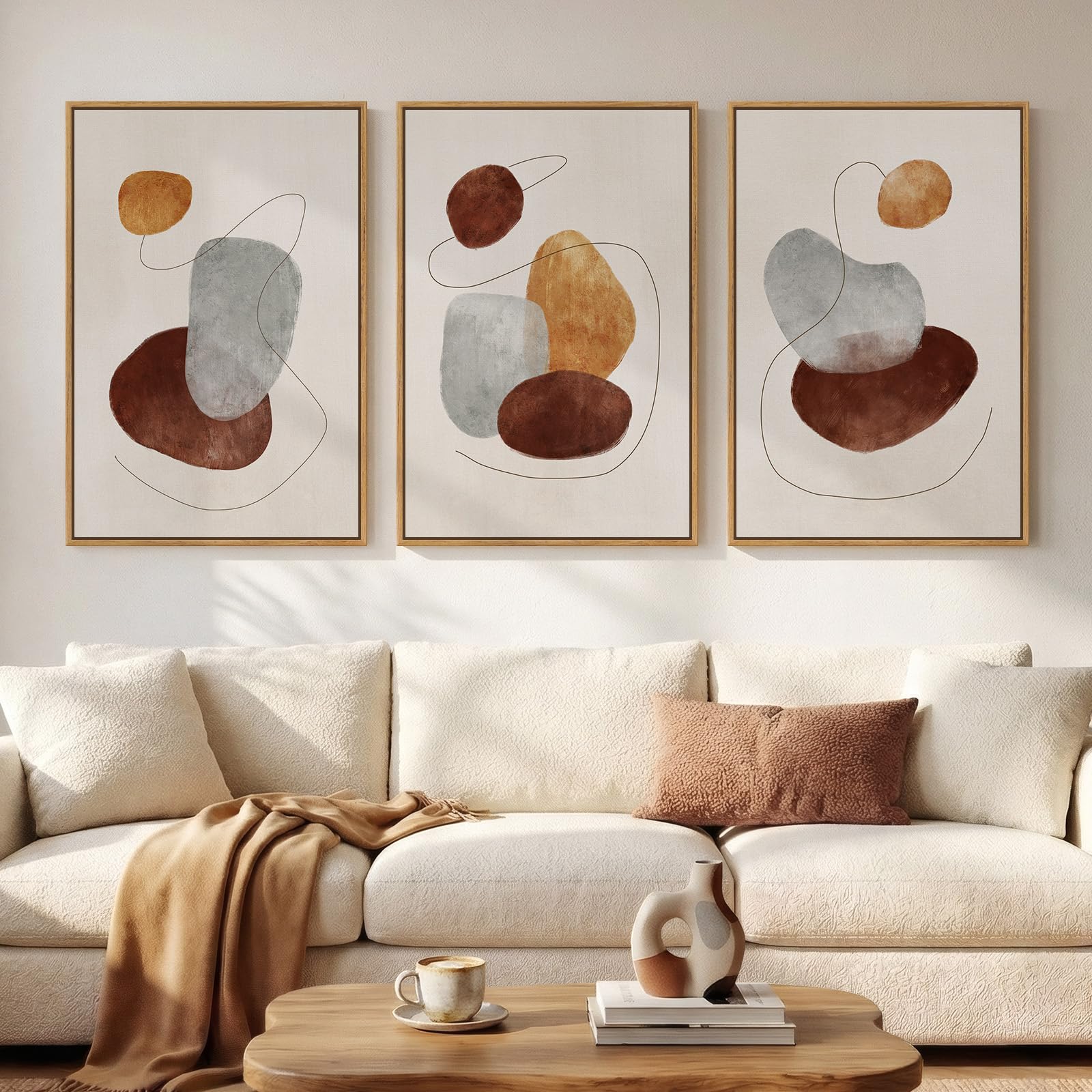 Large Framed Neutral Abstract Wall Art for Living Room, 3 Piece Modern Canvas Prints Paintings Artwork for Walls, Black Beige Brown Neutral Tone Pictures for Hallway Bedroom Office Wall Decor 24x36 In