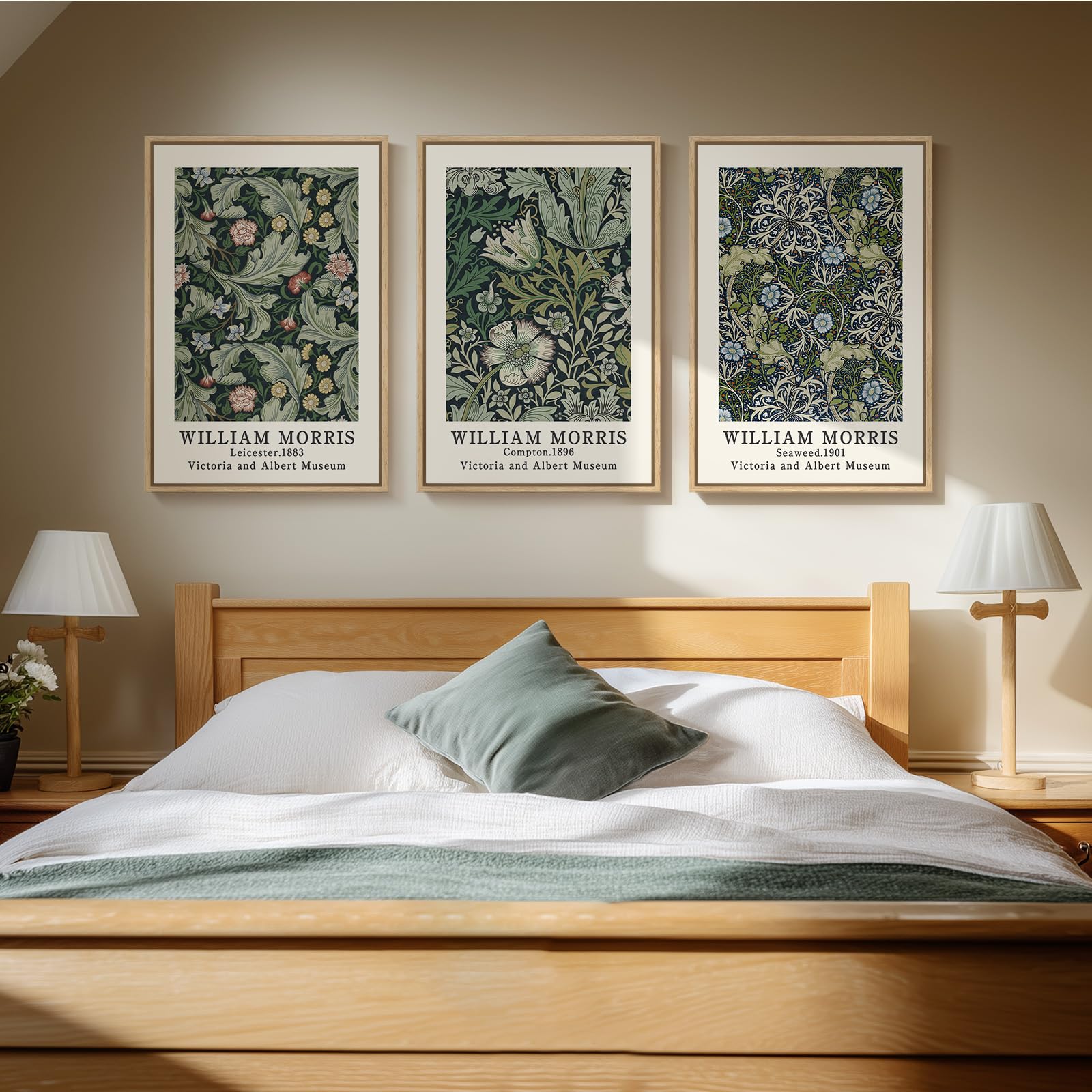 Framed Large William Morris Canvas Wall Art Set of 3, Vintage Nature Floral Artwork Prints, Boho Neutral Botanical Wall Decor for Living Room, Bedroom, Hallway and Office, Total Size 30x60