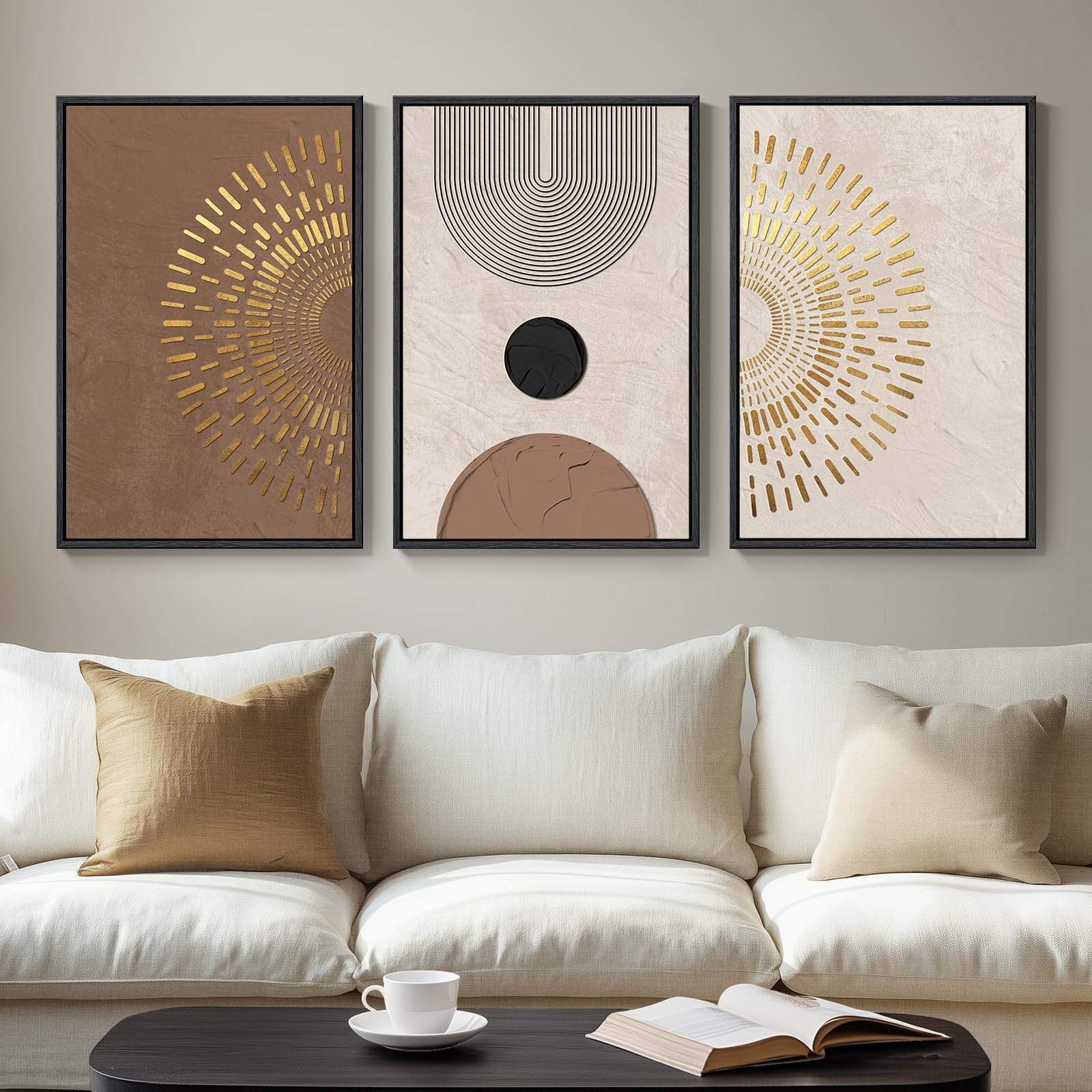 Large Framed Neutral Abstract Wall Art for Living Room, 3 Piece Modern Canvas Prints Paintings Artwork for Walls, Black Beige Brown Neutral Tone Pictures for Hallway Bedroom Office Wall Decor 24x36 In
