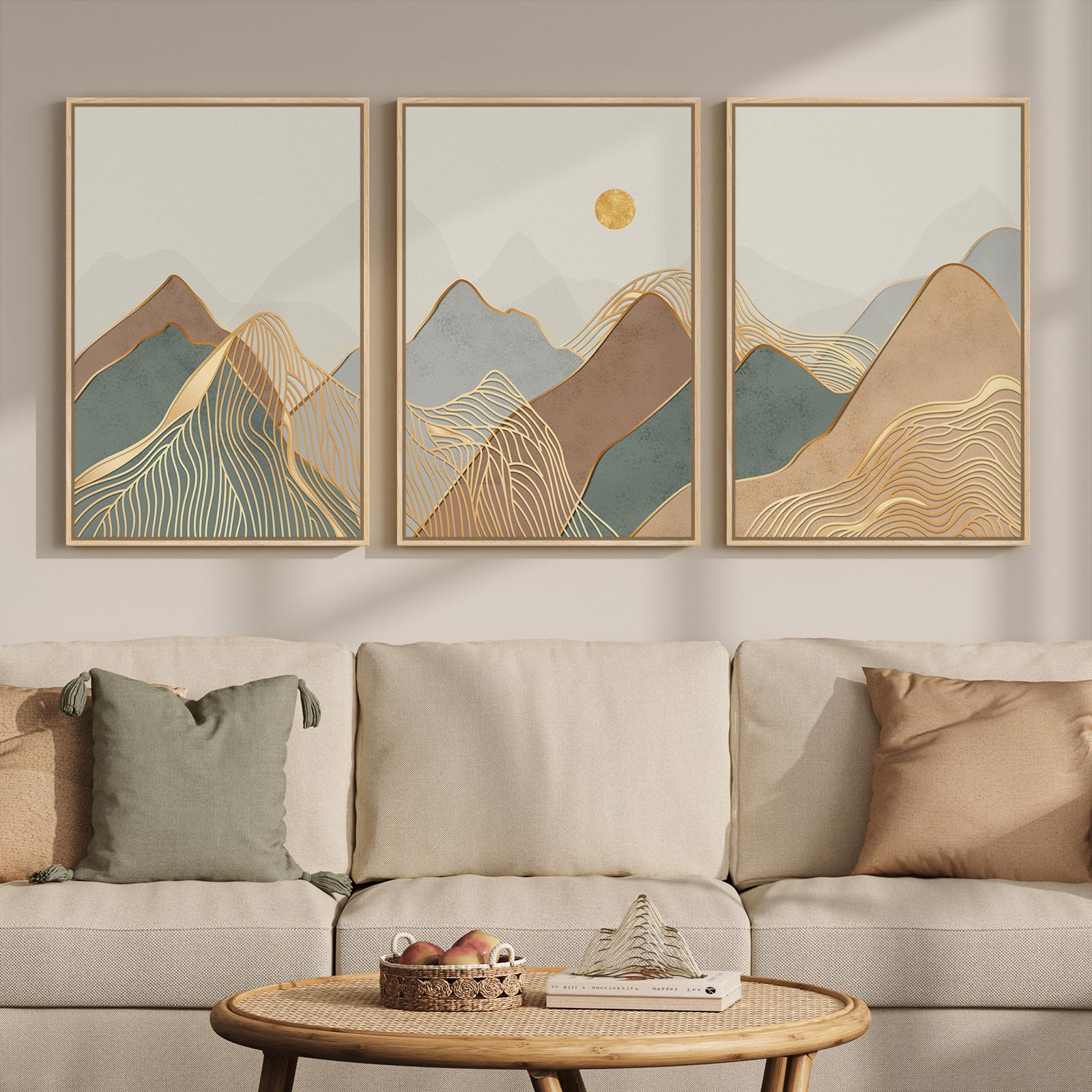 Framed Neutral Wall Art for Living Room, Large 3 Piece Abstract Pastel Grunge Forest Landscape Tree Canvas Artwork Set, Modern Art Decorative Nordic Painting Picture Prints for Hallway Office 24x36 In