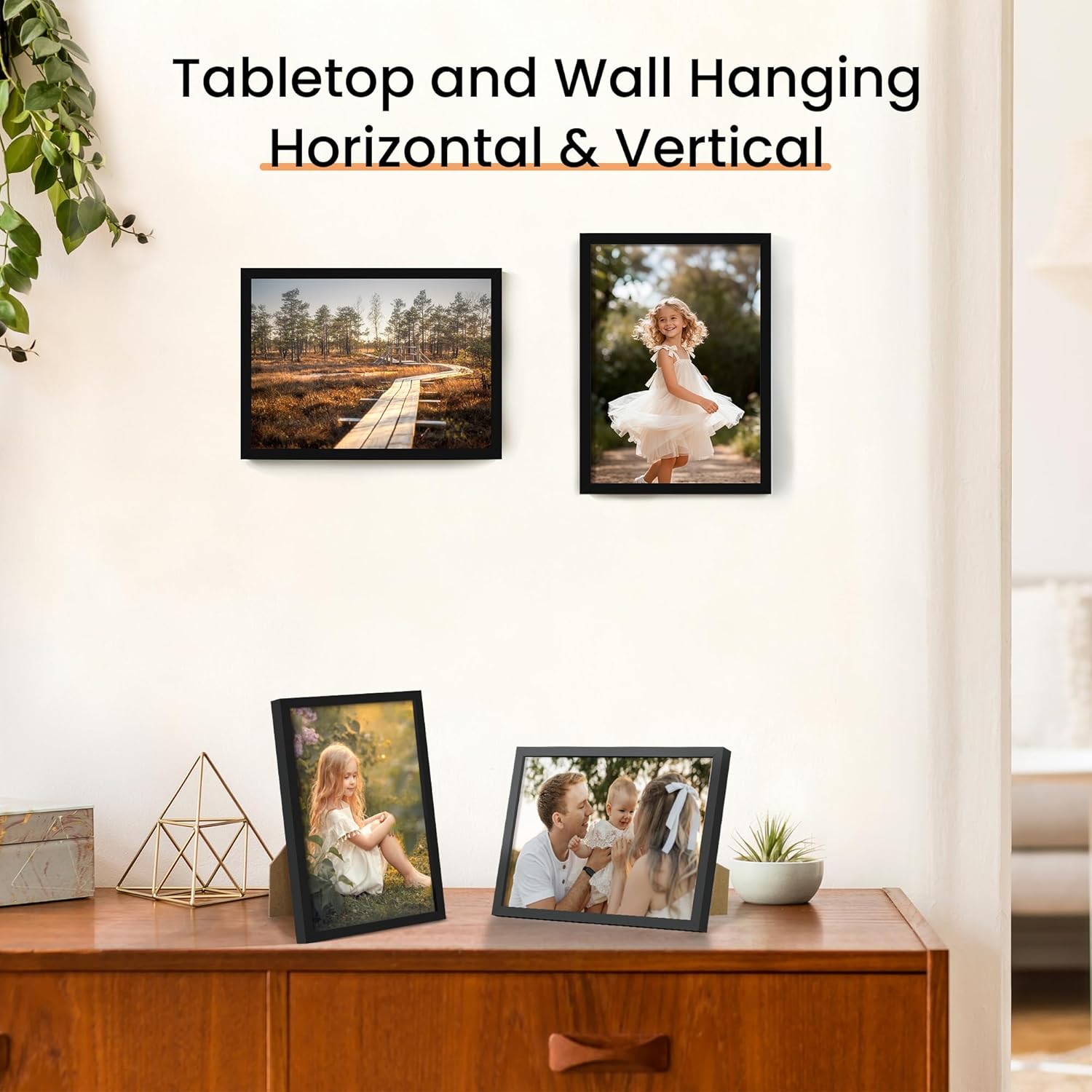 upsimples 5x7 Picture Frame Set of 3, Made of High Definition Glass for 5 x 7 Black Frames, Wall and Tabletop Display Thin Border Photo Frame for Home Décor
