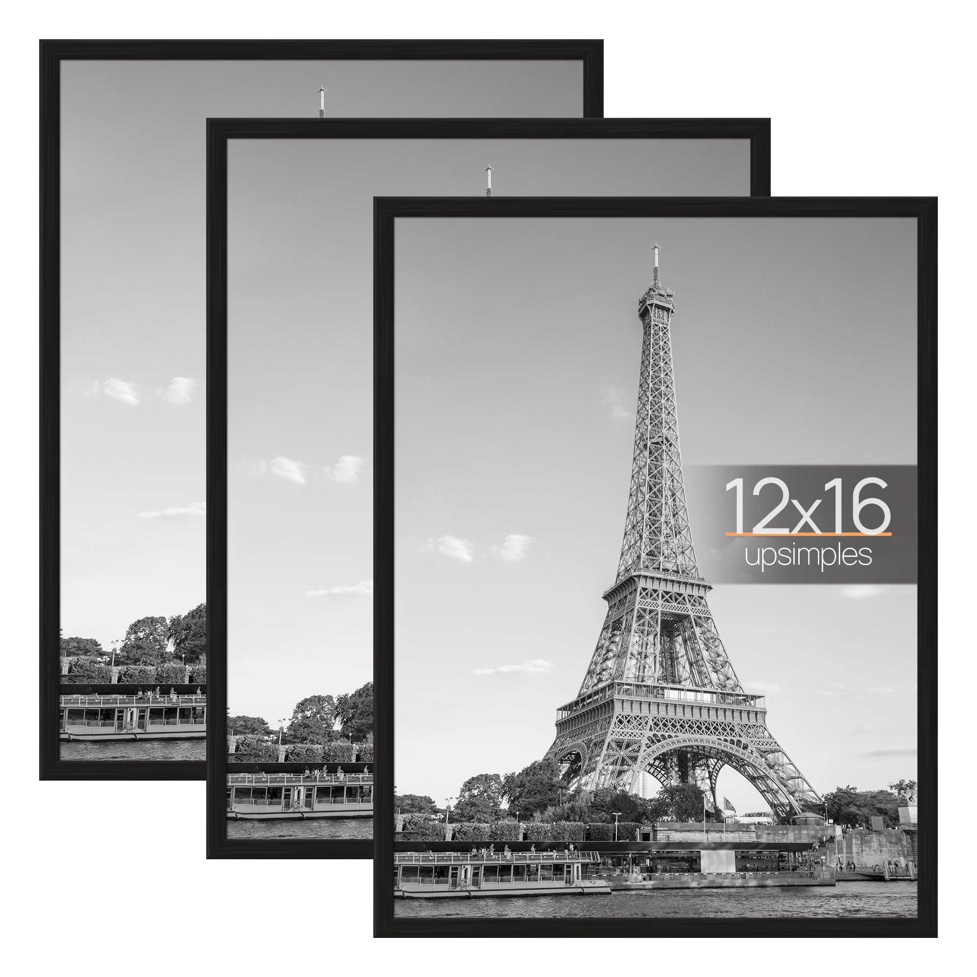 upsimples 16x24 Picture Frame Black 3 Pack, Scratch-Proof Poster Frames 16 x 24 for Photo Gallery - Slide-In Strips, Horizontal or Vertical Wall Mounting