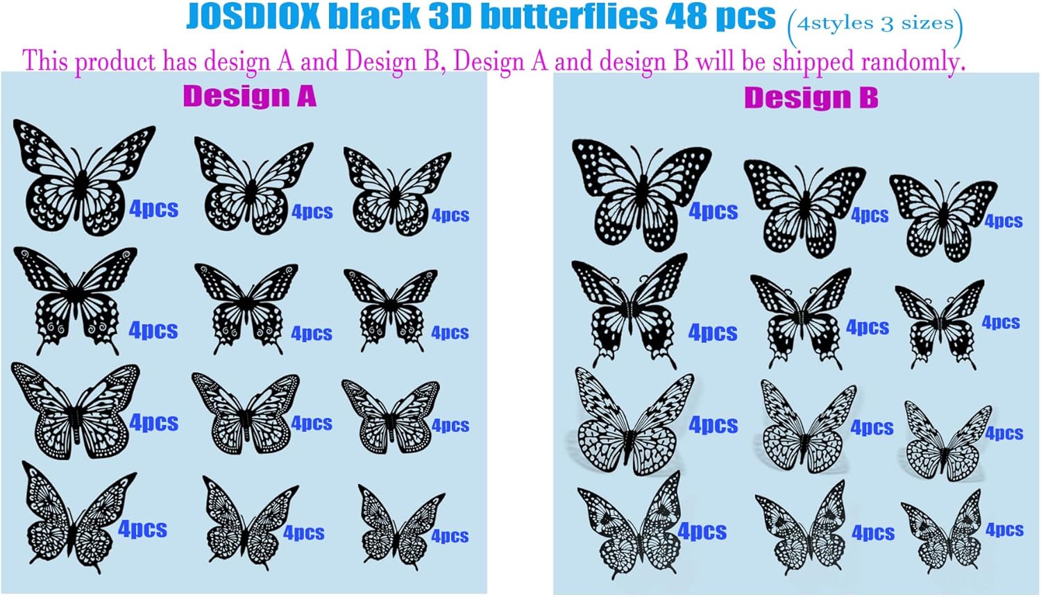 JOSDIOX 3D Black Butterfly Wall Stickers - 48 Pcs with 4 Styles & 3 Sizes, Removable Decor for Party Birthday Wedding Cake Balloon Decoration（48 Black