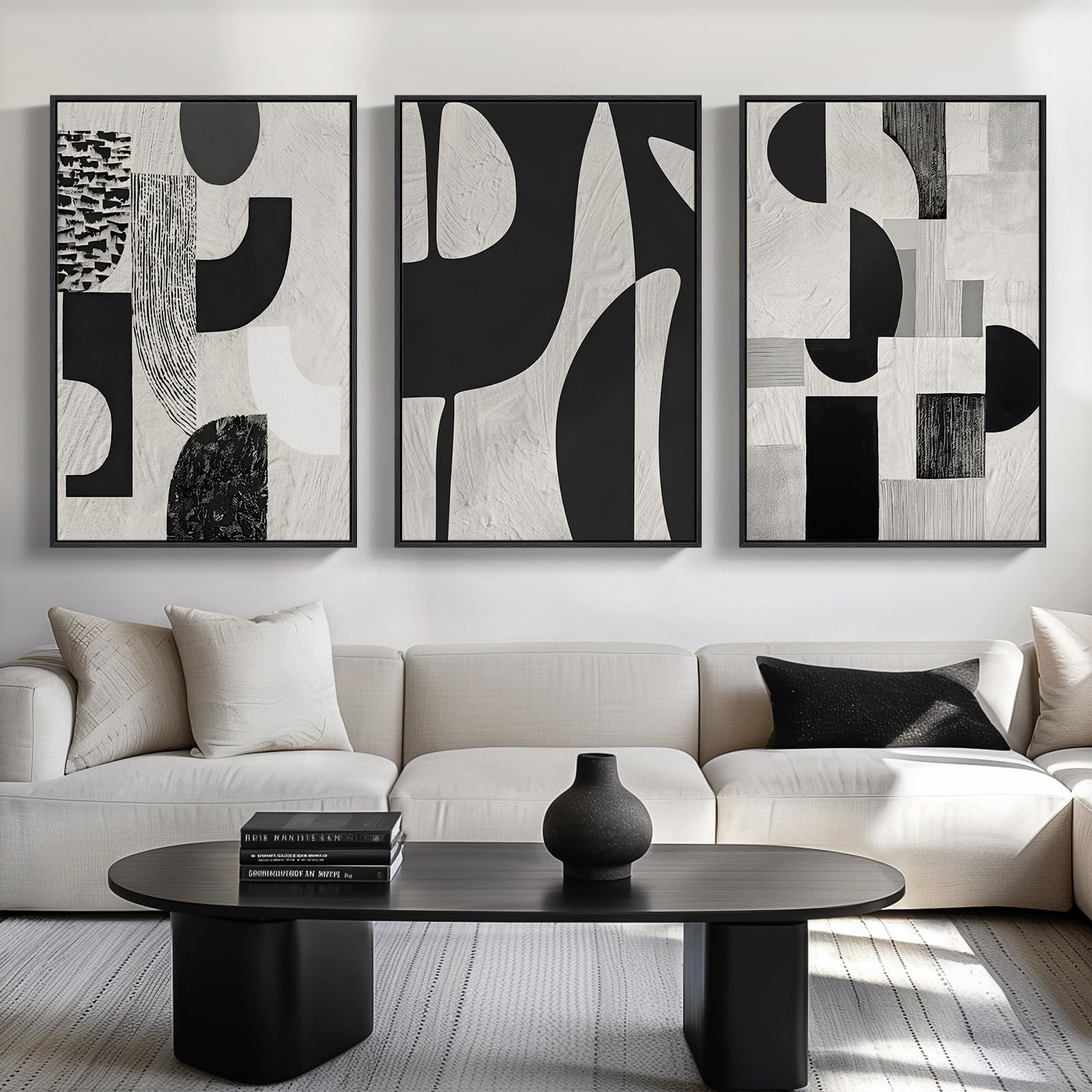 Large Framed Black and White Abstract Wall Art for Living Room, 3 Piece Big Modern Canvas Prints Paintings Artwork for Walls, Minimalist Abstract Art Pictures for Hallway, Office Wall Decor 24x36 In
