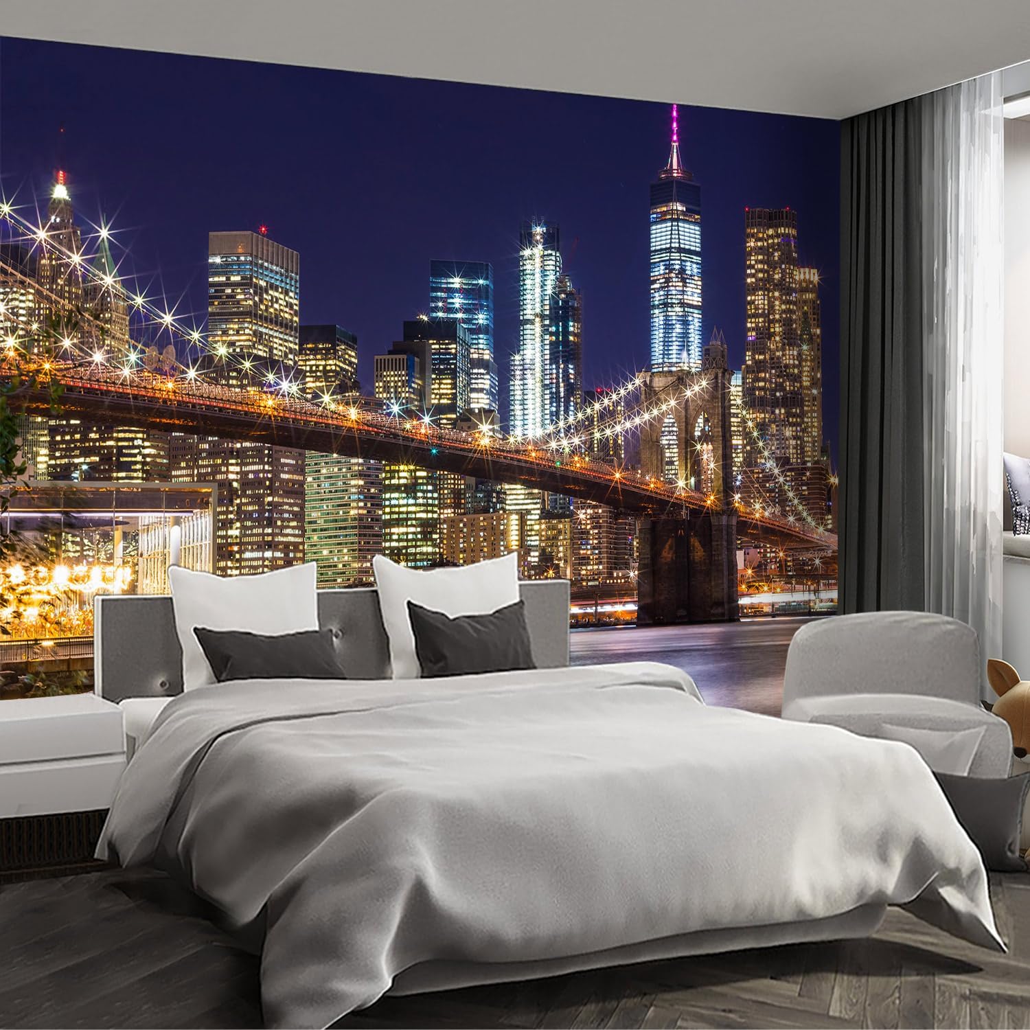 Brooklyn Bridge City View Mural Living Room couches Extra Large wall murals new york Cities Wallpaper Bedroom California Picture Landscape - 108"x75"（It's not Peel and Stick.）