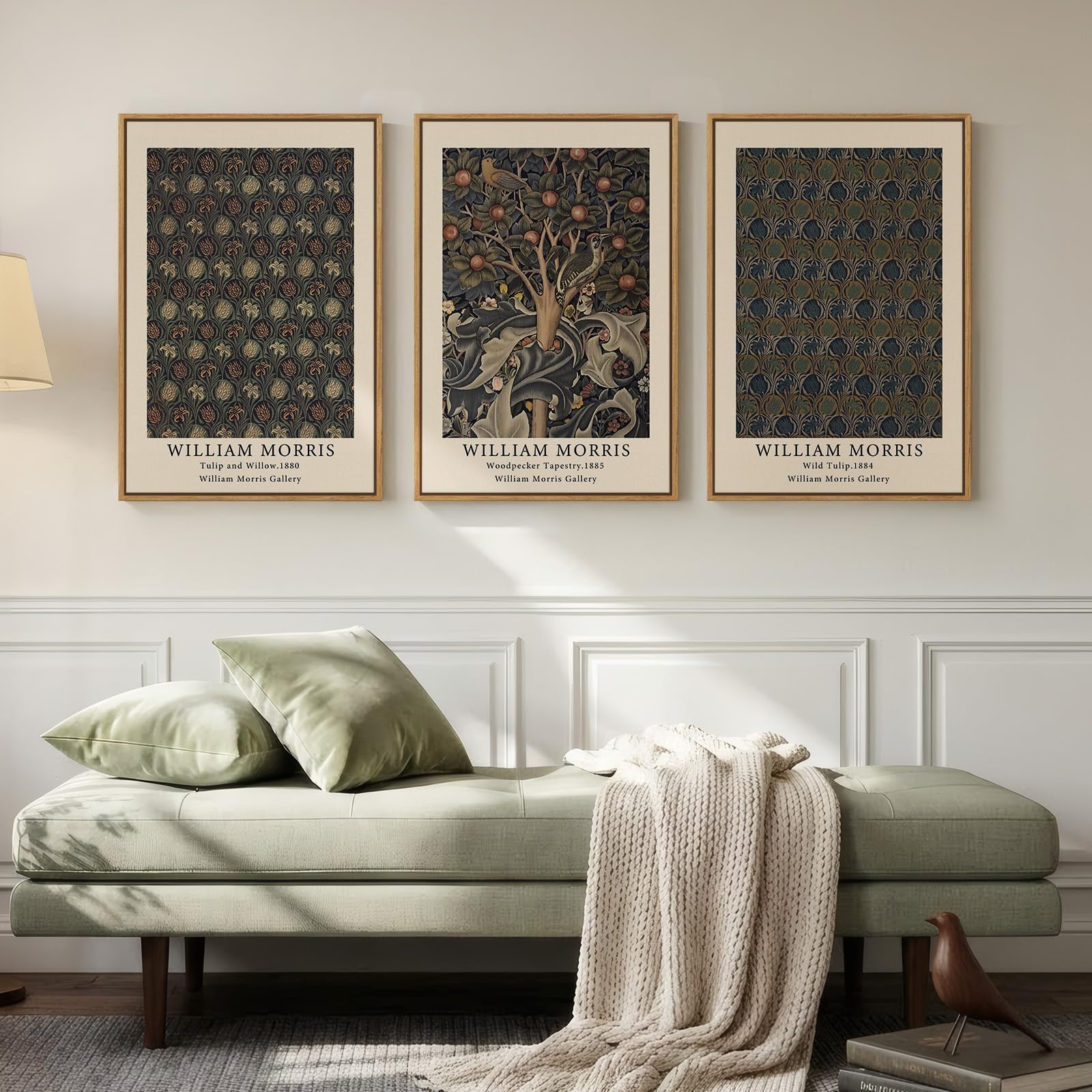 Framed Large William Morris Canvas Wall Art Set of 3, Vintage Nature Floral Artwork Prints, Boho Neutral Botanical Wall Decor for Living Room, Bedroom, Hallway and Office, Total Size 30x60
