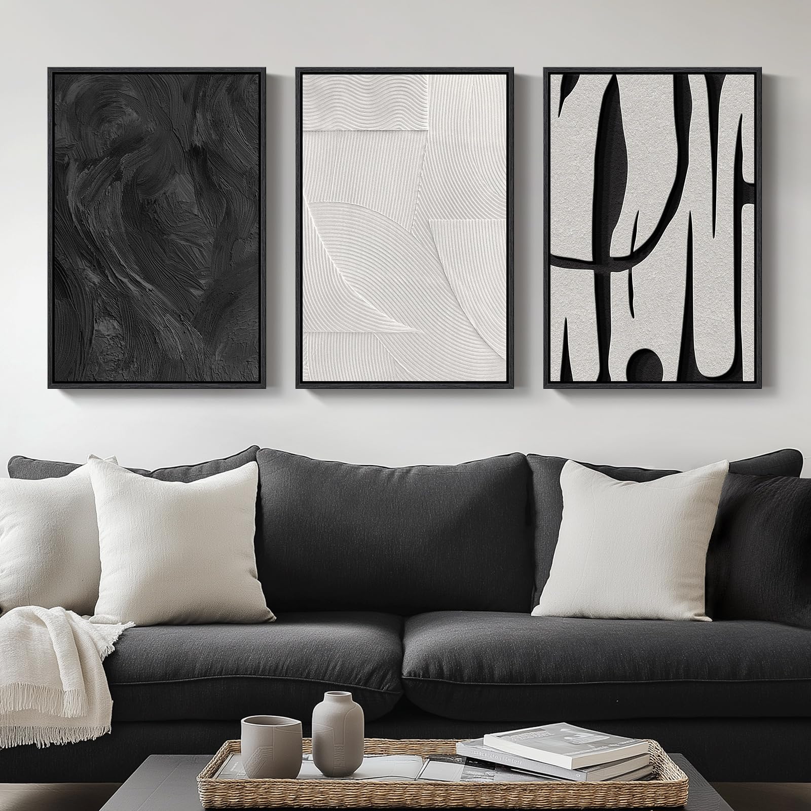 Large Framed Black and White Abstract Wall Art for Living Room, 3 Piece Big Modern Canvas Prints Paintings Artwork for Walls, Minimalist Abstract Art Pictures for Hallway, Office Wall Decor 24x36 In