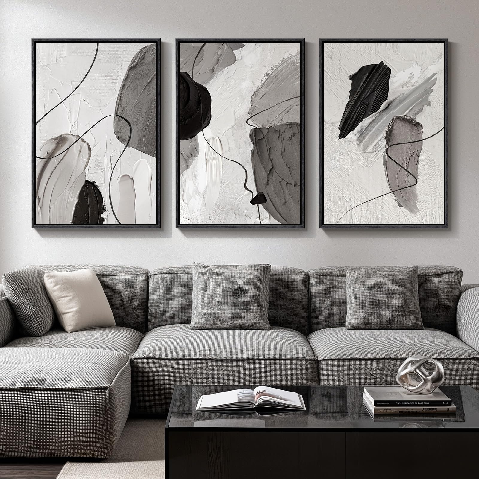 Large Framed Boho Modern Neutral Abstract Wall Art for Living Room, 3 Piece Black and White Canvas Prints Paintings Artwork for Walls, Geometric Pictures for Office Bedroom Dining Room Decor, 24x36 In