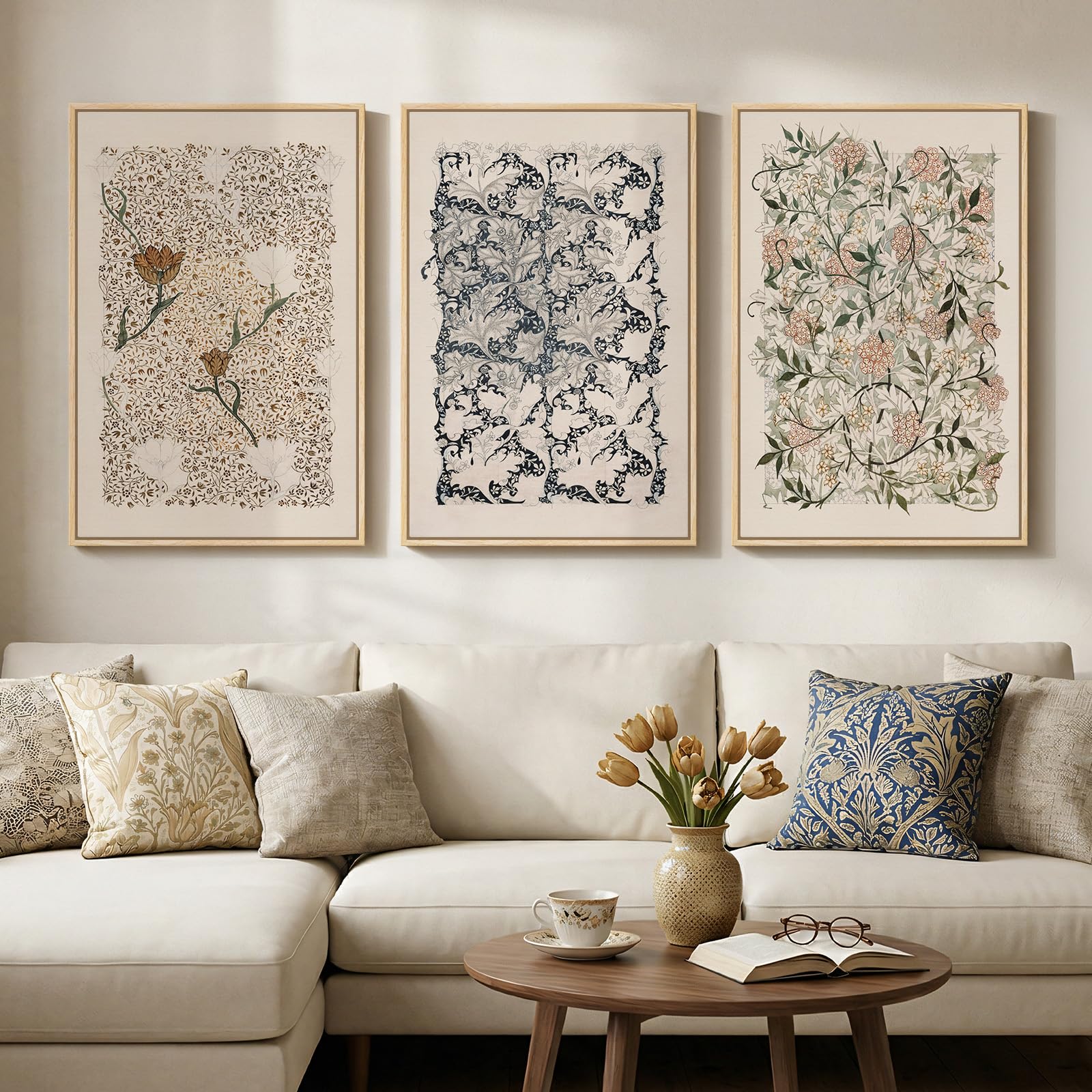 Framed Large William Morris Canvas Wall Art Set of 3, Vintage Nature Floral Artwork Prints, Boho Neutral Botanical Wall Decor for Living Room, Bedroom, Hallway and Office, Total Size 30x60