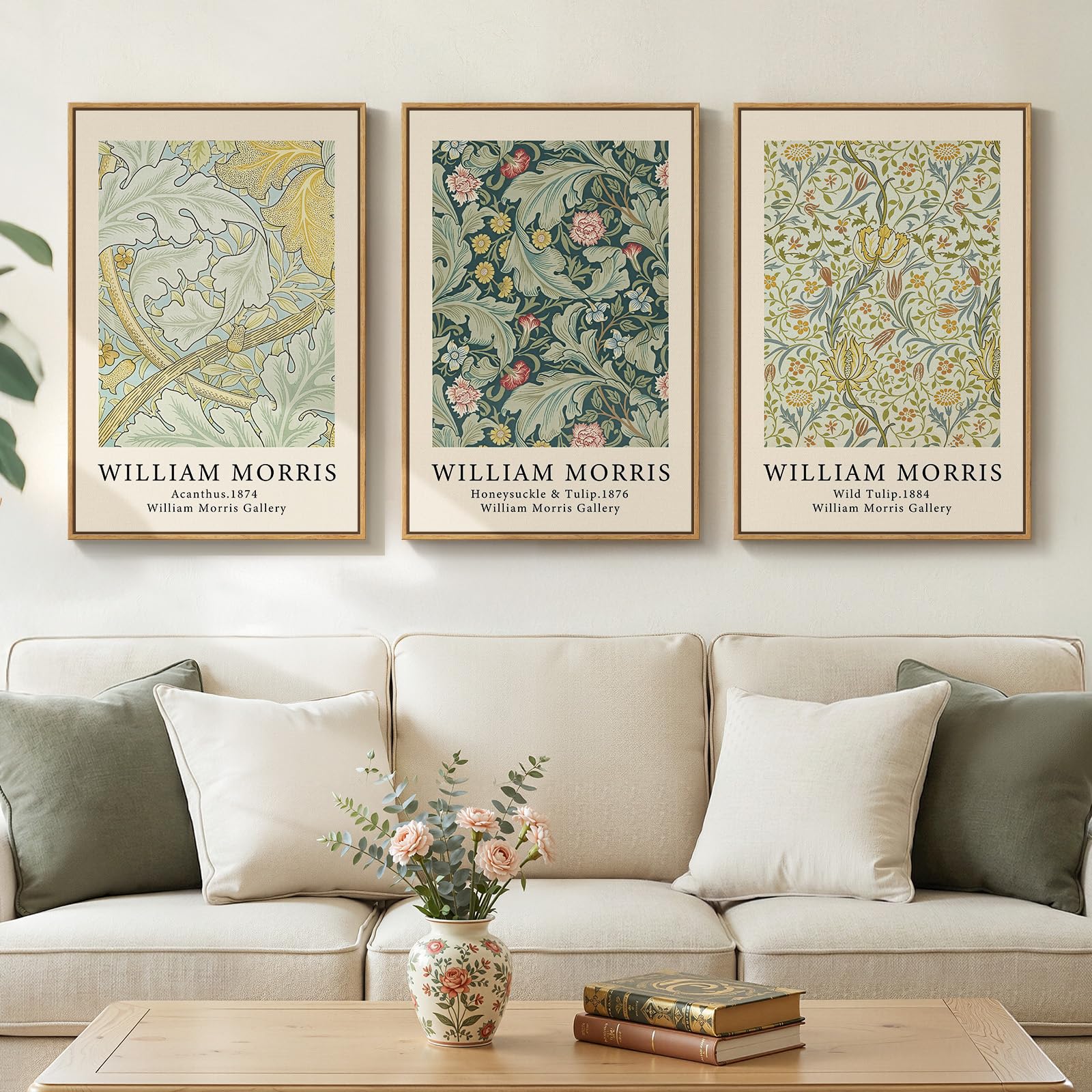 Framed Large William Morris Canvas Wall Art Set of 3, Vintage Nature Floral Artwork Prints, Boho Neutral Botanical Wall Decor for Living Room, Bedroom, Hallway and Office, Total Size 30x60