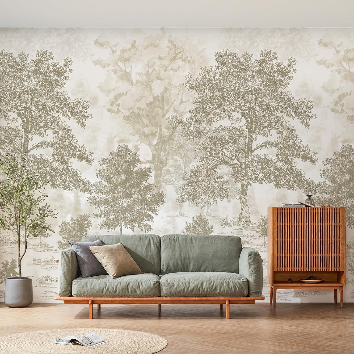 Zeeko Vintage Forest Wall Murals Peel and Stick 177" W x 110" H Beige Tree Wallpaper Self-Adhesive Large Nature Landscapes Murals Canvas Wall Decor for Bedroom Bathroom