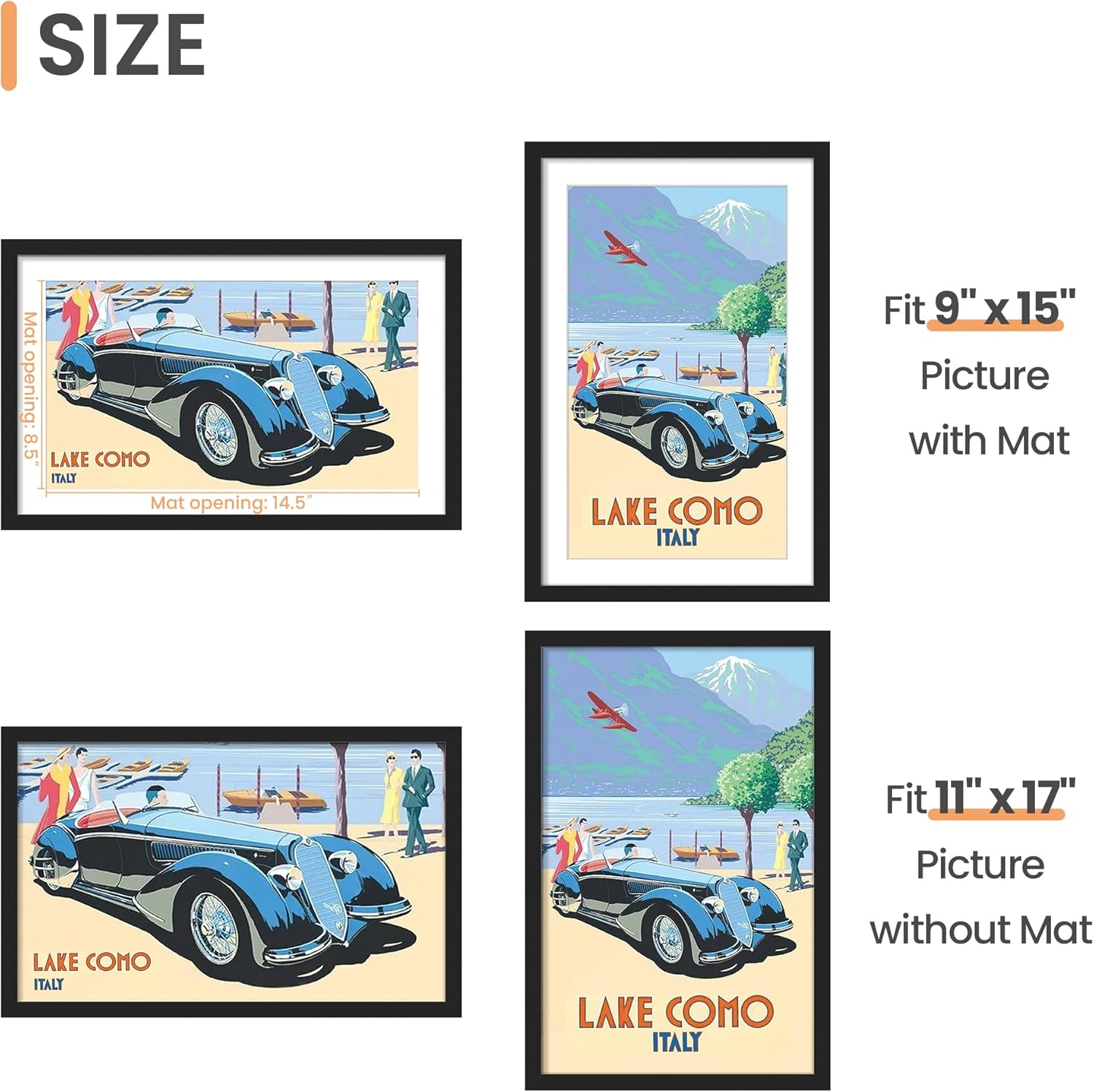 upsimples 11x17 Picture Frame, Display Pictures 9x15 with Mat or 11 x 17 Without, Wall Hanging Poster Frames, Black, 1 Pack