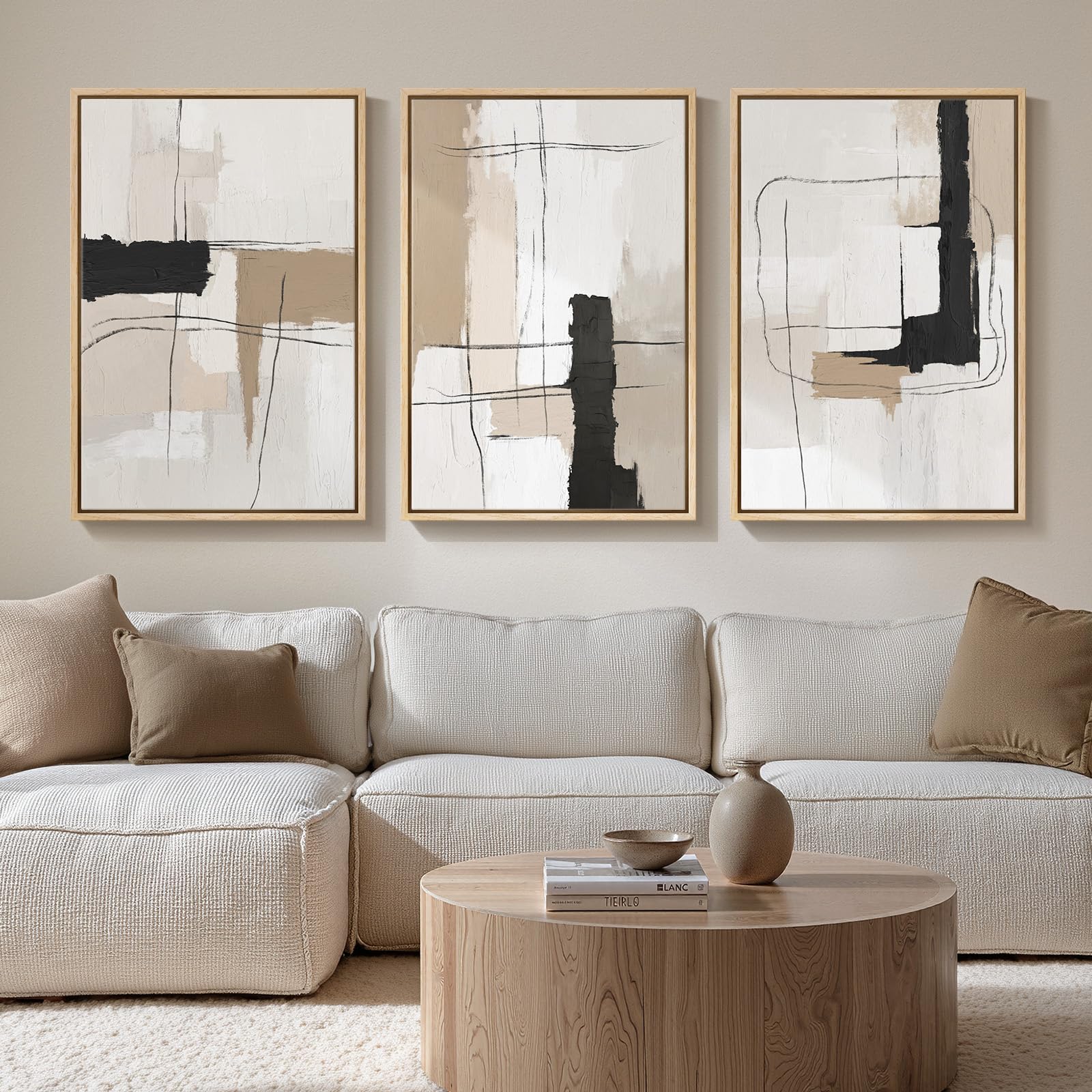 Large Framed Neutral Abstract Wall Art for Living Room, 3 Piece Modern Canvas Prints Paintings Artwork for Walls, Black and Beige Pictures for Living Room Hallway Stair Office Wall Decor 24x36 Inch