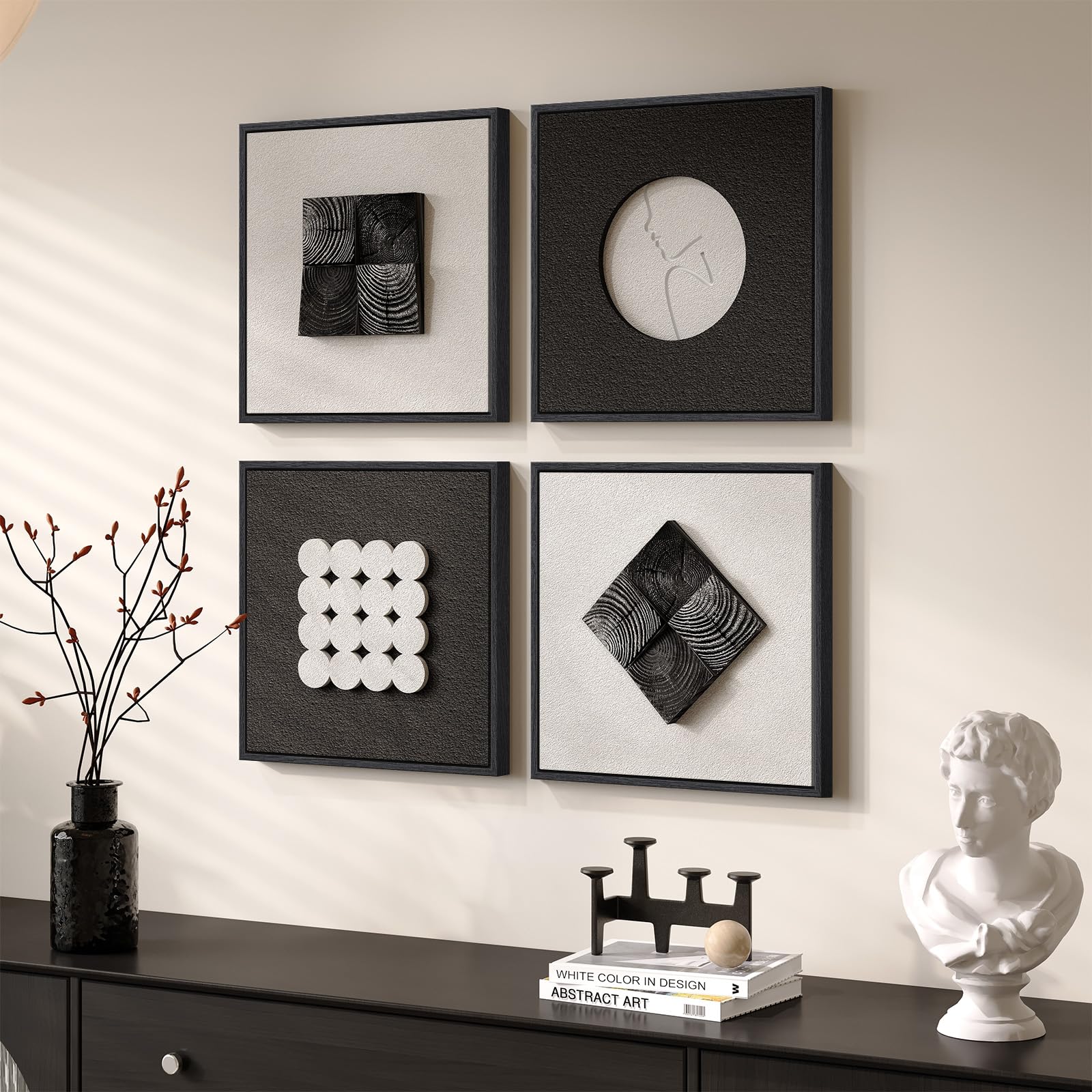 Large 3D Textured Framed Blue and White Abstract Wall Art for Living Room, 3 Piece Modern Artwork for Walls, Minimalist Navy Blue Geometric Paintings for Hallway, Stair, Office Wall Decor 24x36 In