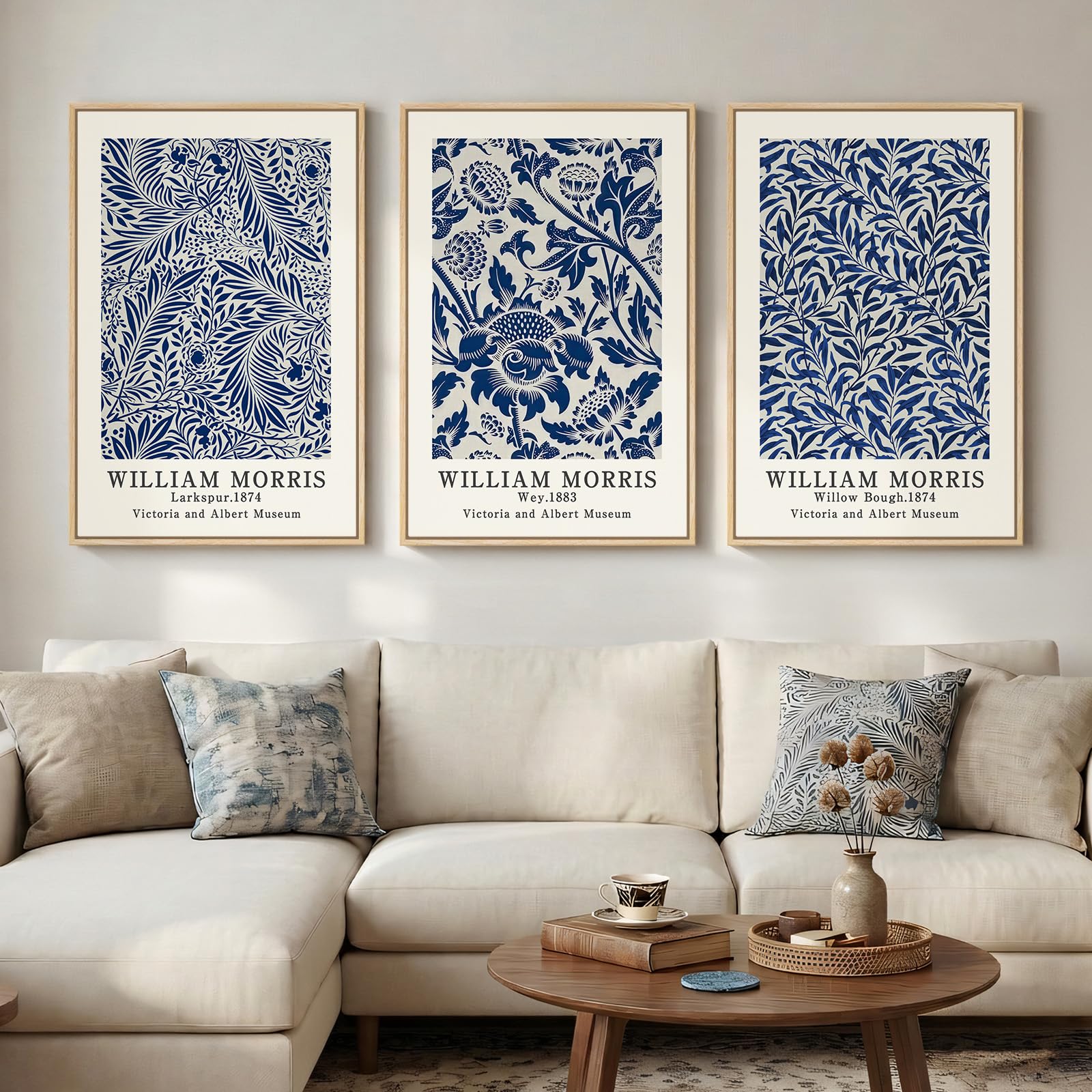 Framed Large William Morris Canvas Wall Art Set of 3, Vintage Nature Floral Artwork Prints, Boho Neutral Botanical Wall Decor for Living Room, Bedroom, Hallway and Office, Total Size 30x60