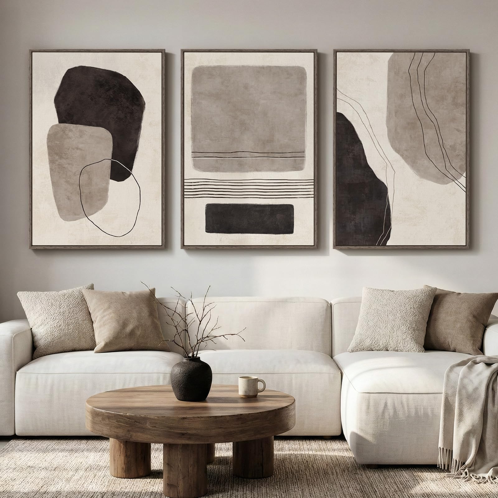 Large Framed Neutral Abstract Wall Art for Living Room, 3 Piece Modern Canvas Prints Paintings Artwork for Walls, Black Beige Brown Neutral Tone Pictures for Hallway Bedroom Office Wall Decor 24x36 In