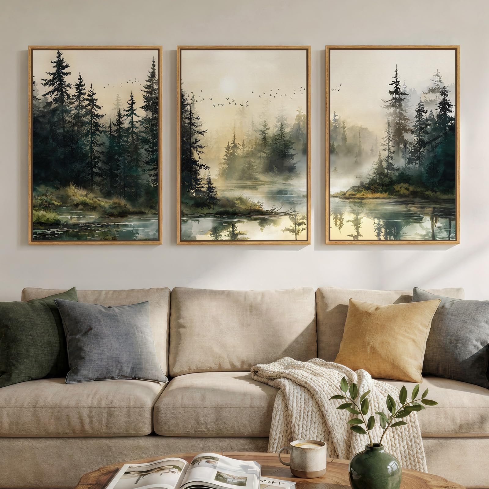 Framed Neutral Wall Art for Living Room, Large 3 Piece Abstract Pastel Grunge Forest Landscape Tree Canvas Artwork Set, Modern Art Decorative Nordic Painting Picture Prints for Hallway Office 24x36 In